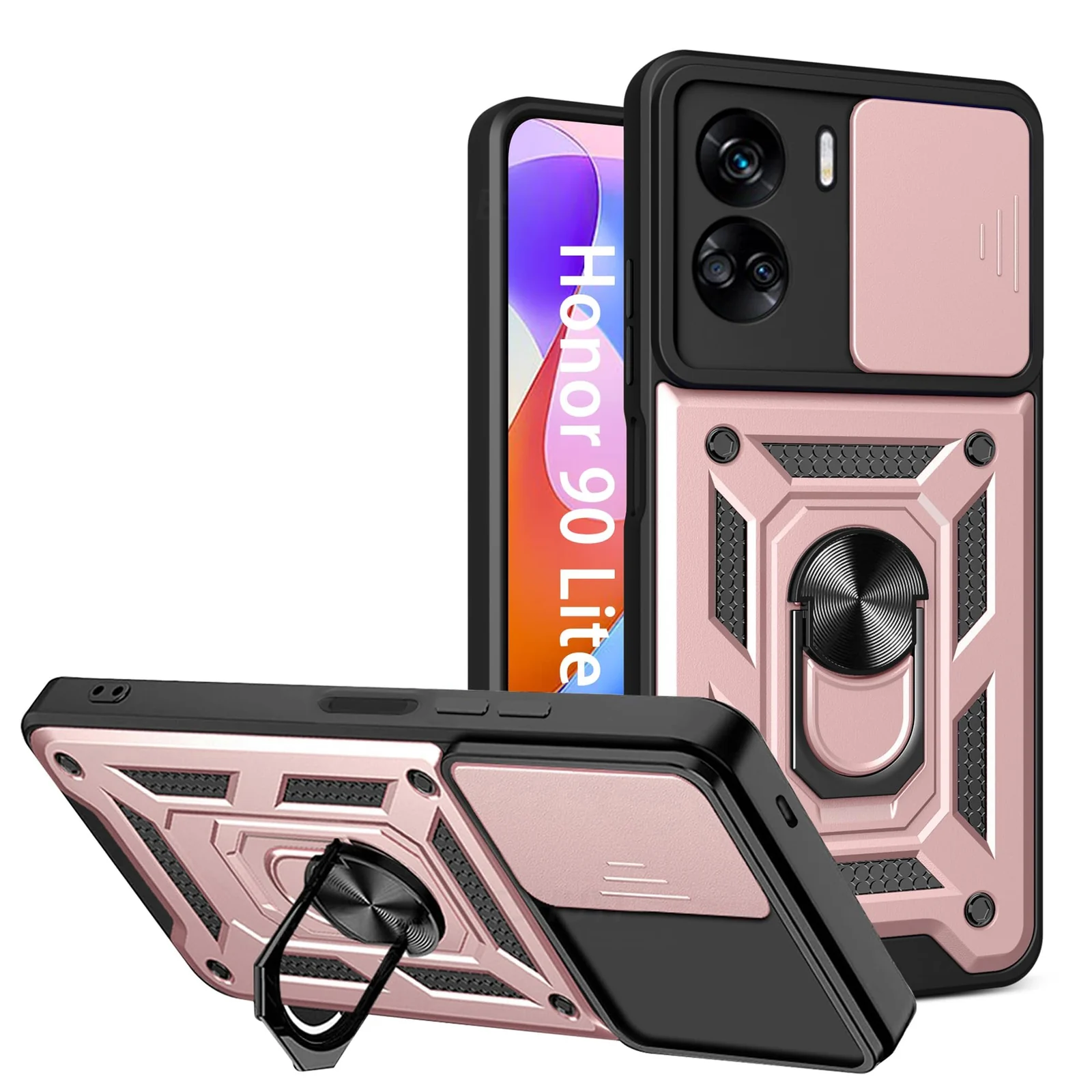 Dl3 Mobilak Case for Honor 90 Lite with Slide Camera Cover, Military Grade Shockproof Protective Cover with Rotatable Metal Ring Kickstand [Support Magnetic Car Mount] (Rose Gold)