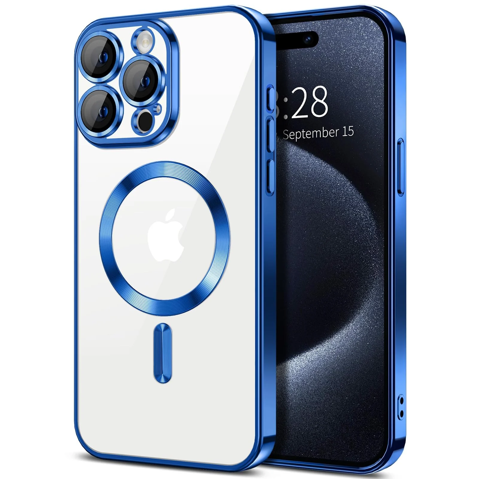 DL3 Mobilak Soft Clear Case for iPhone 15 Pro Max 6.7-Inch, Camera Lens Full Protection, Compatible with MagSafe Wireless Charging, Shockproof Electroplated TPU Phone Cover (Black) - Blue