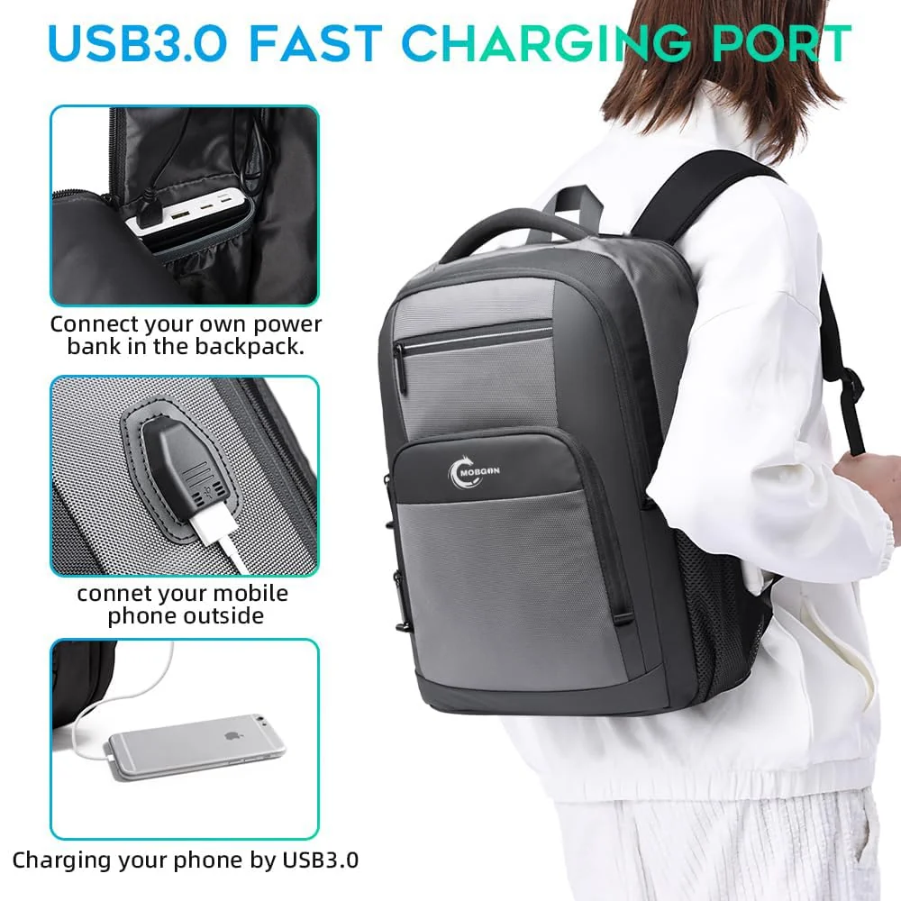 Mobigon Business Laptop Backpack, 15.6 Inch Travel Laptop Bag Rucksack with USB Charging Port, Water-Resistant Bag Daypack for Work College Computer Men Women Backpack - Gray