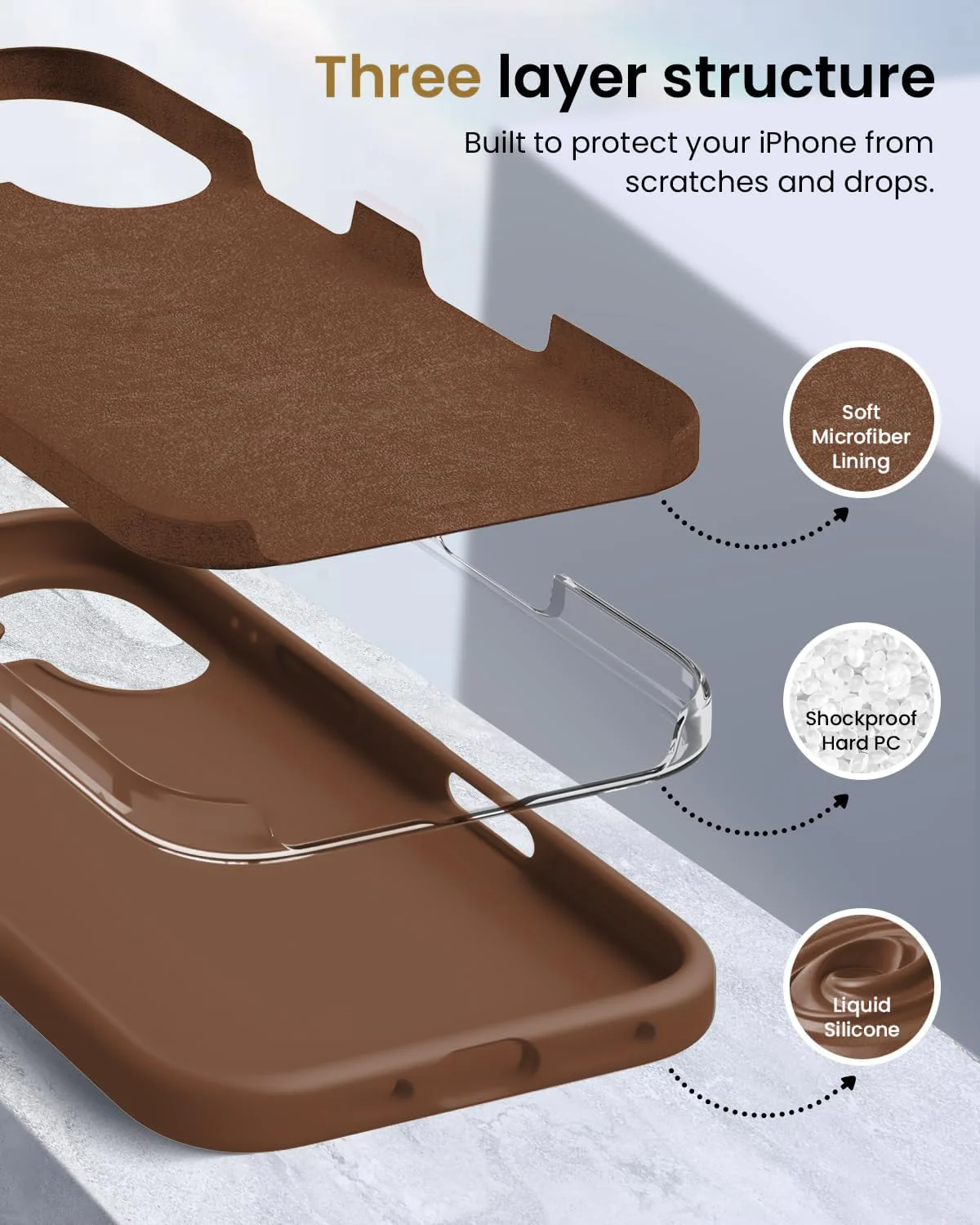 DL3 Mobilak Liquid Silicone Protective Case with Soft Microfiber Lining for iPhone 16 - Brown