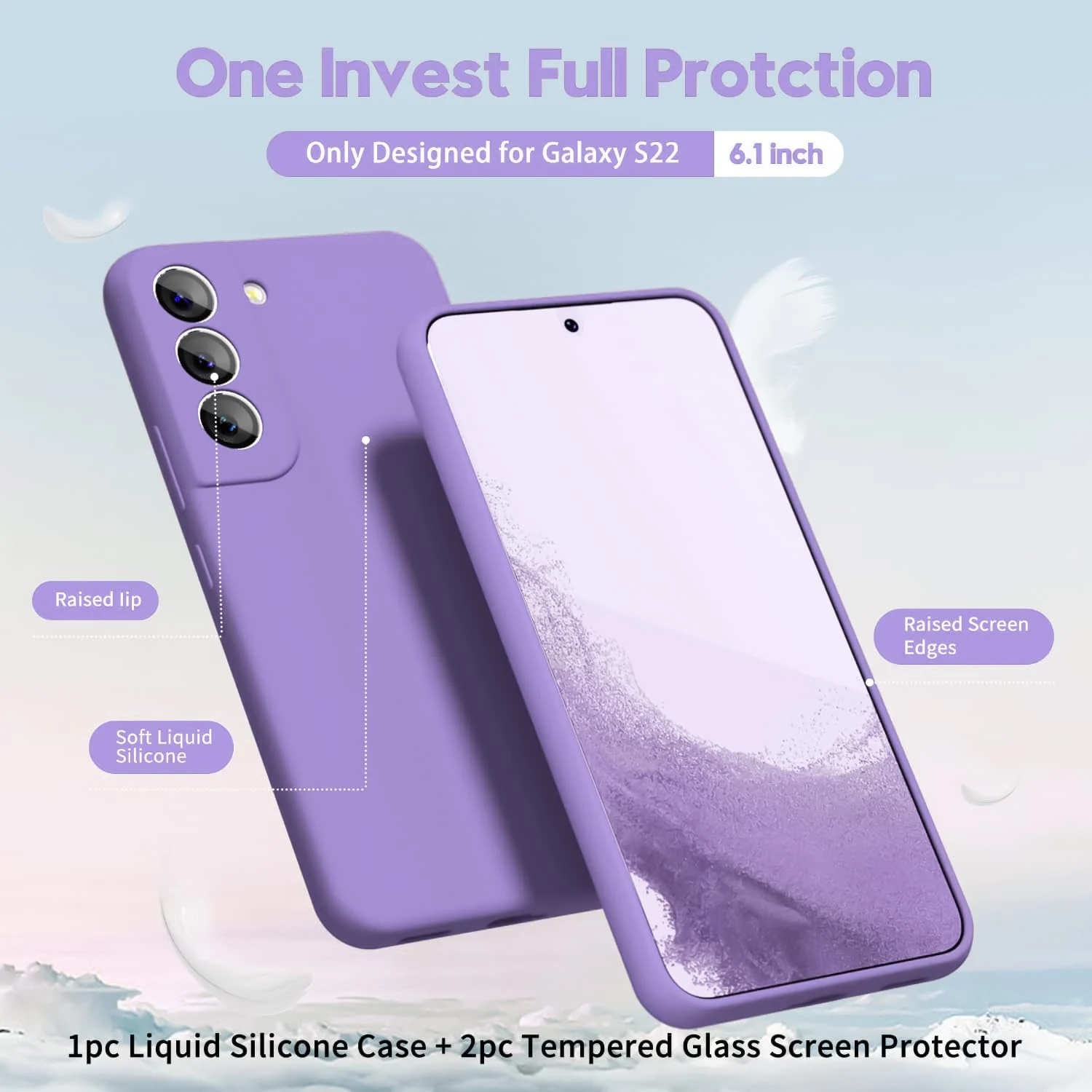 DL3 Mobilak Liquid Silicone Protective Case with Soft Microfiber Lining with Full Camera Protection for Samsung Galaxy S22 5G - Light Purple