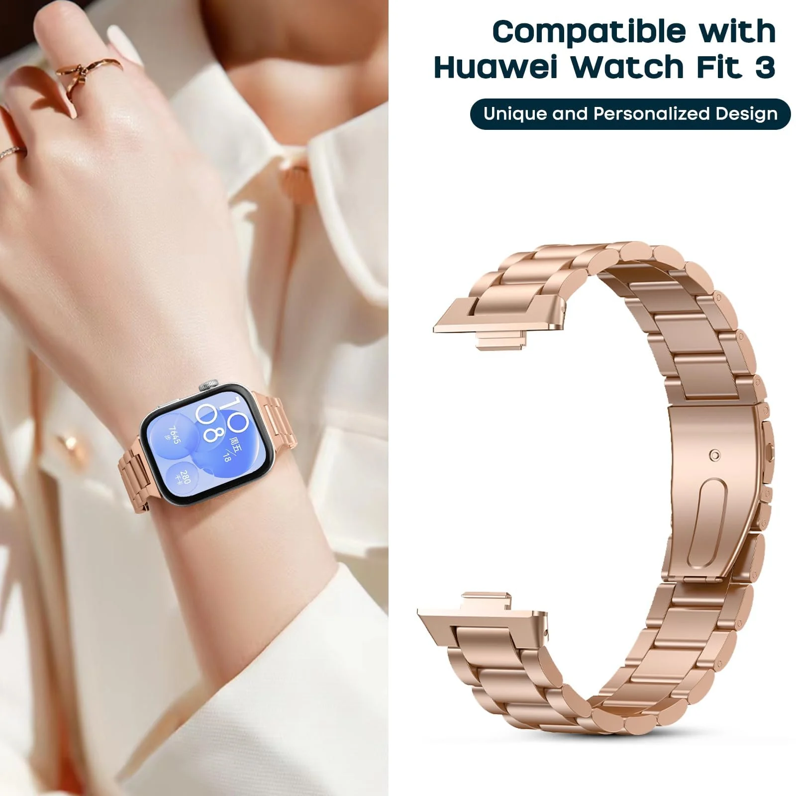DL3 Mobilak Metal Straps Compatible with Huawei Watch Fit 3/Fit 4/Fit 4 Pro Strap, Stainless Steel Replacement Band with Folding Clasp, Adjustable Replacement Bracelet Wristband - Rose Gold
