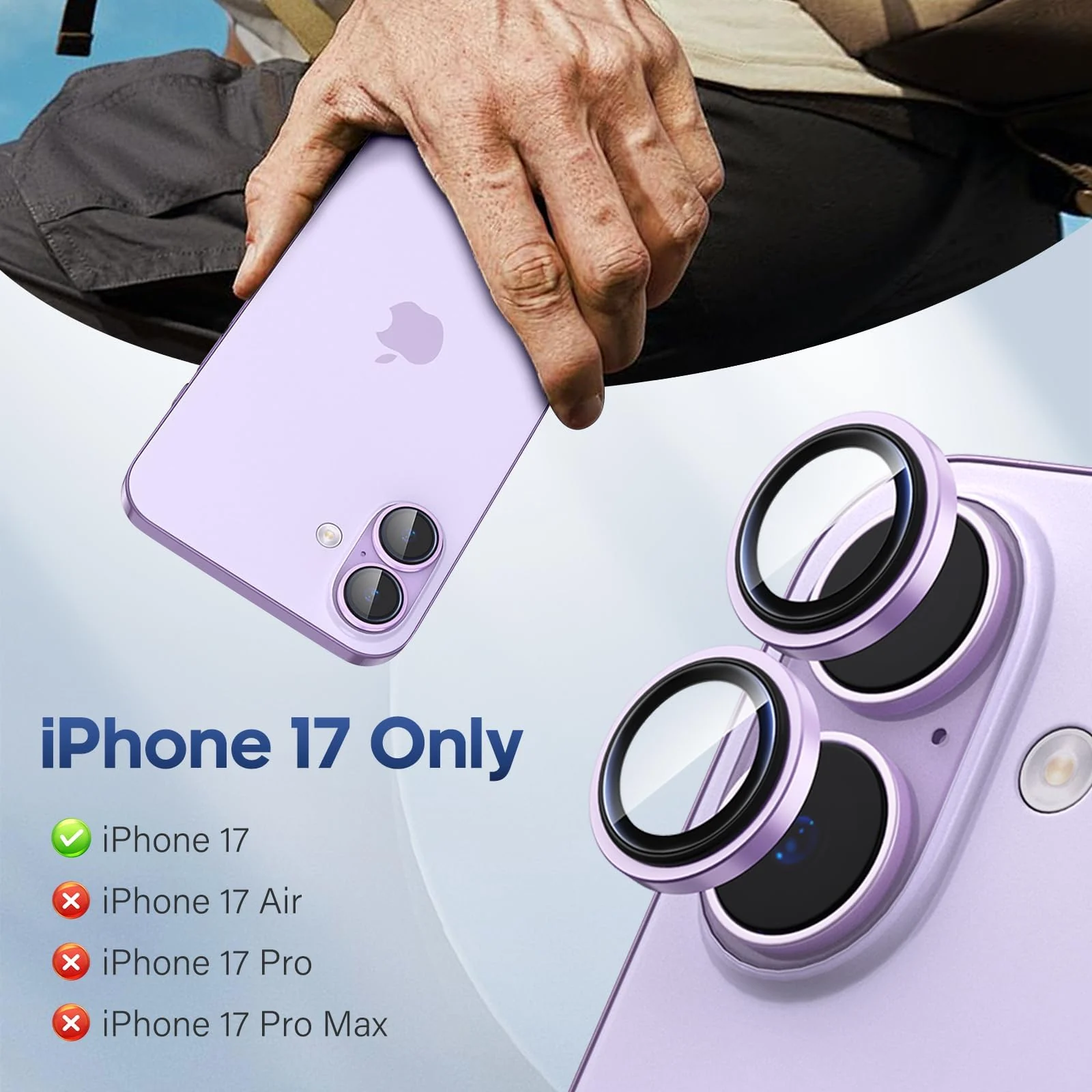 DL3 Mobilak Camera Lens Protector for iPhone 17 Accessories, 9H Tempered Glass Metal Individual Ring Camera Cover Screen Protector, Case Friendly, Anti Scratch - Lavender
