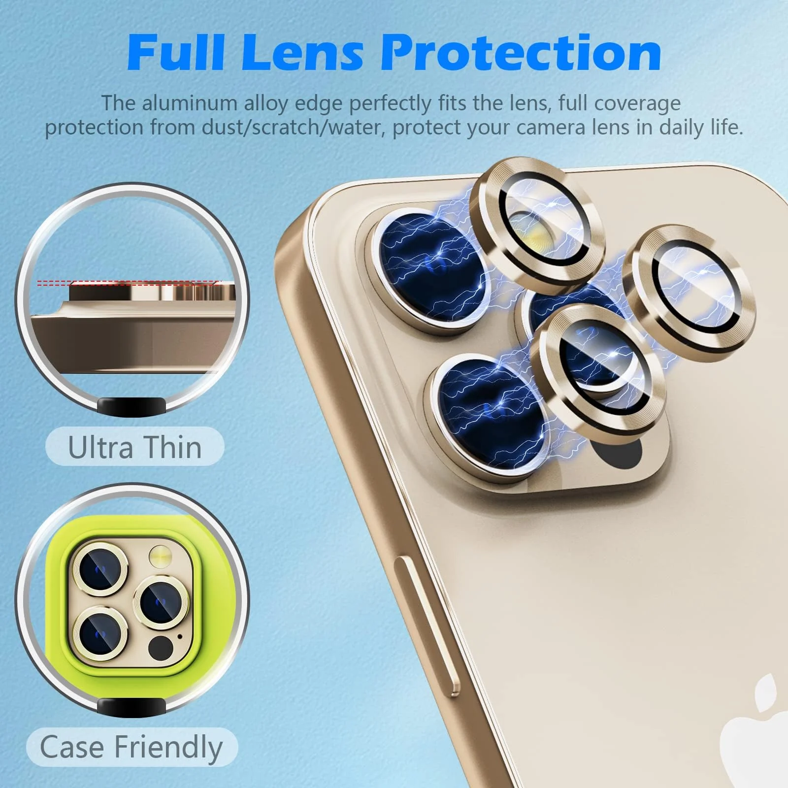 DL3 Mobilak Camera Lens Protector For iPhone 15 Pro/iPhone 15 Pro Max, [Keep Original Shooting] Tempered Glass Screen Protector Metal Individual Camera Cover, Case Friendly - Gold