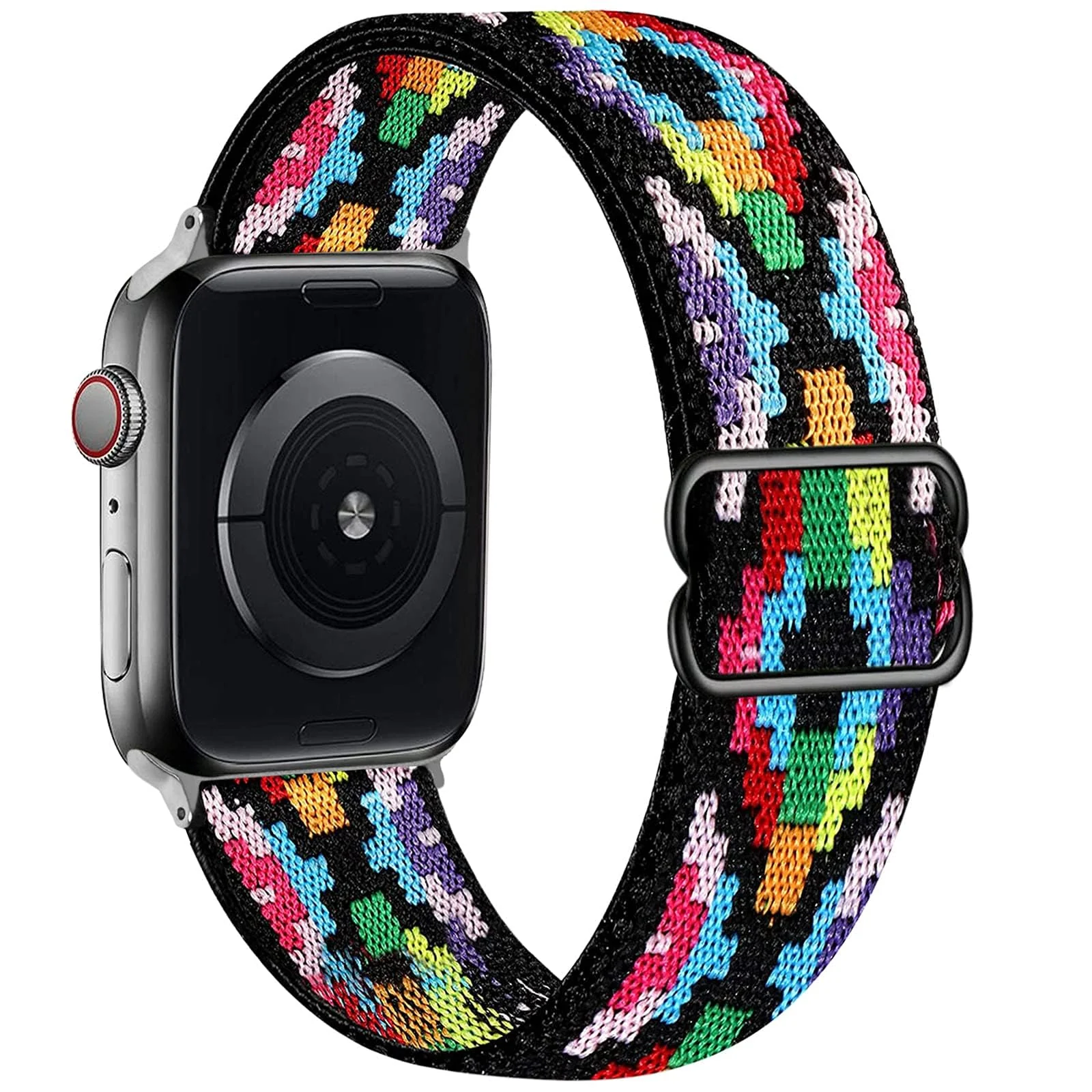 DL3 Mobilak Nylon Solo Loop Stretchy Straps For Apple Watch Band 49mm 45mm 44mm 42mm 41mm 40mm 38mm, Elastic Wristbands for iwatch Series 8 Ultra 7 6 5 4 3 2 1 Se (Boho Rainbow, 42MM/44MM/45MM/49MM) - Black