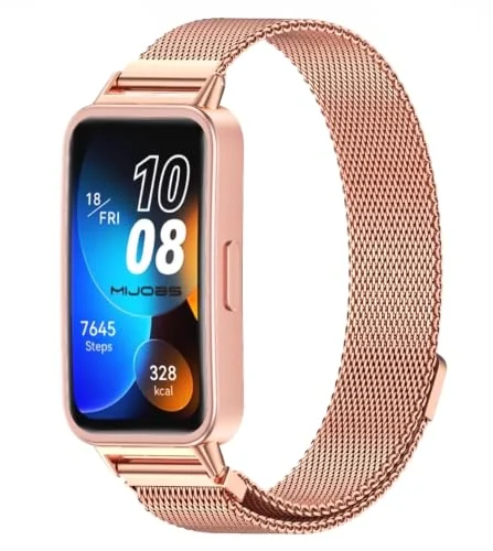 Dl3 Mobilak Replacement Band for Huawei Band 10/9/8 Replacement Strap Magnetic Metal Stainless Steel Mesh Replacement Strap for Men and Women Huawei Band 8/9/10 (Rose Gold)