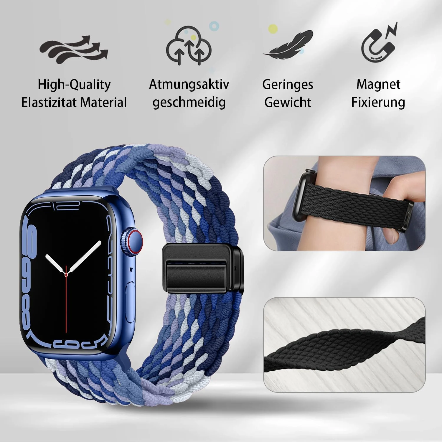 DL3 Mobilak Sport Solo Loop Compatible with Apple Watch Band 42mm 44mm 45mm 46mm 49mm for Women Men, Magnetic Strap Stretchy Braided Wristband for iWatch Series 11 10 9 8 7 6 5 4 3 Ultra 3 2 1 SE SE2 - Gradient Blue
