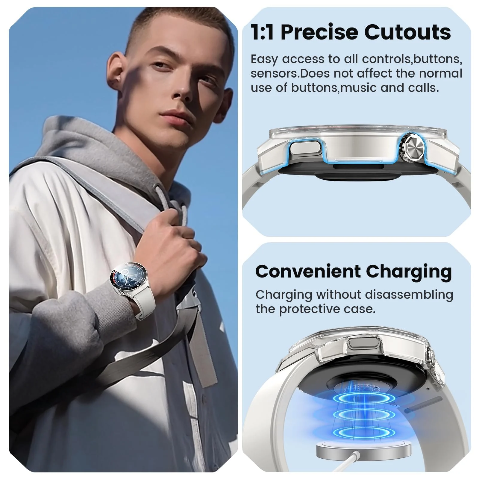 DL3 Mobilak Protective Case for Huawei Watch GT 5 Pro 46mm, Hard PC Bumper Cover with Built-in Tempered Glass Screen Protector Shell Cover Full Coverage with Scale for GT5 Pro 46 mm - White