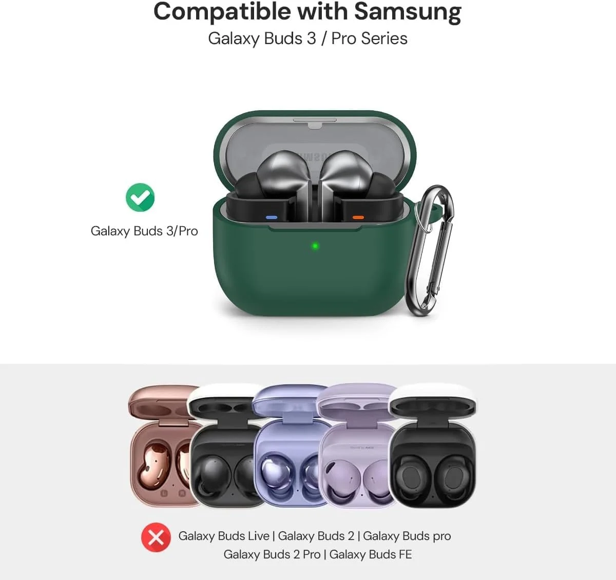 DL3 Mobilak Compatible with Samsung Galaxy Buds 3 Pro/Buds 3 Case Cover, Soft Silicone Shockproof Protective Case Wireless Earbuds with Carabiner, Front LED Visible - Green