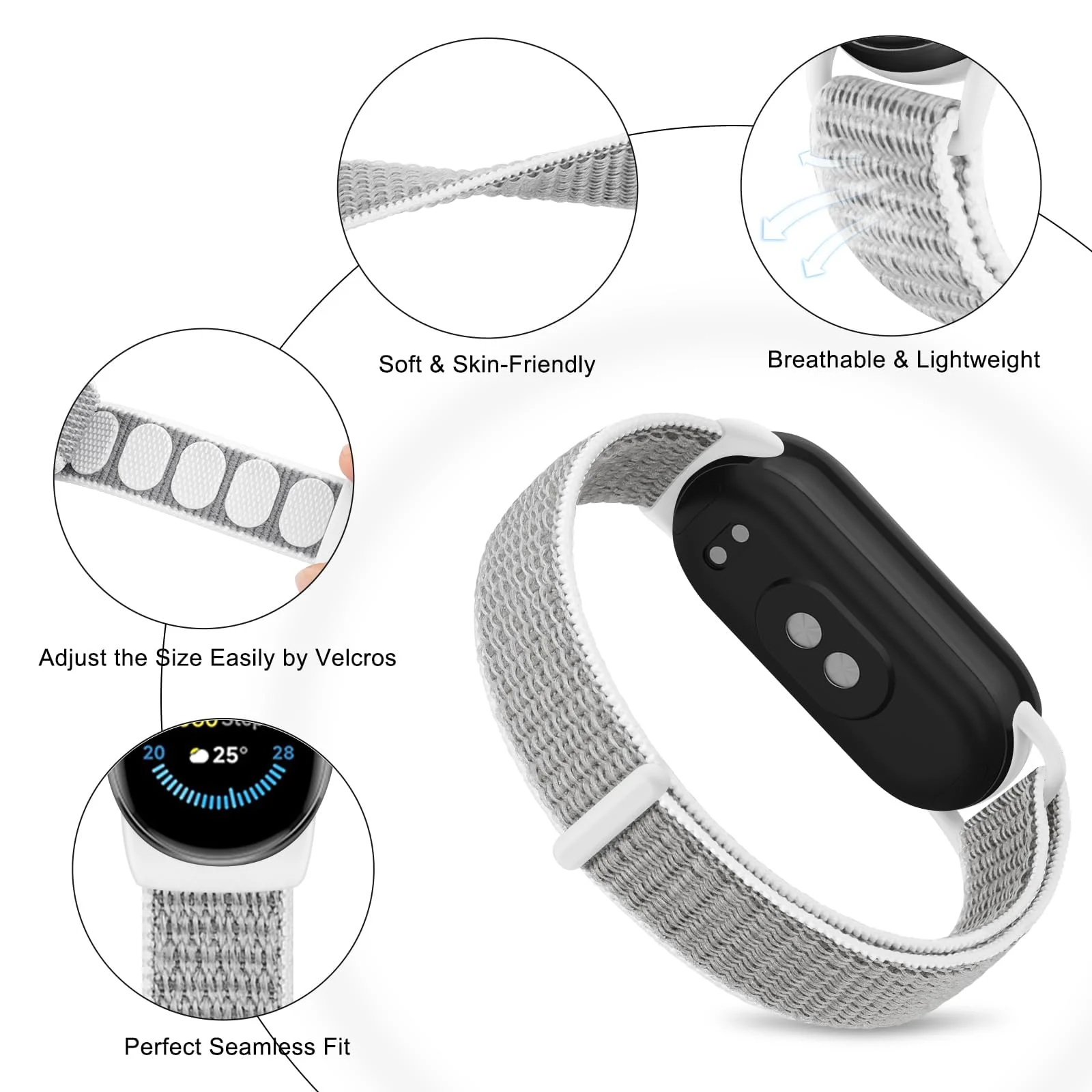 DL3 Mobilak Nylon Sport Band Compatible with Xiaomi Mi Band 10/9/8 for Women Men, Soft Adjustable Breathable Sport Loop Watch Strap Replacement Wristband for Xiaomi Smart Band 8/9/10 - Seashell