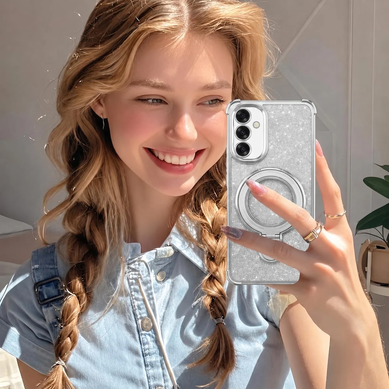 MOBIGON Glitter Phone Case with Magnetic Ring Stand for Samsung Galaxy A26, Silver