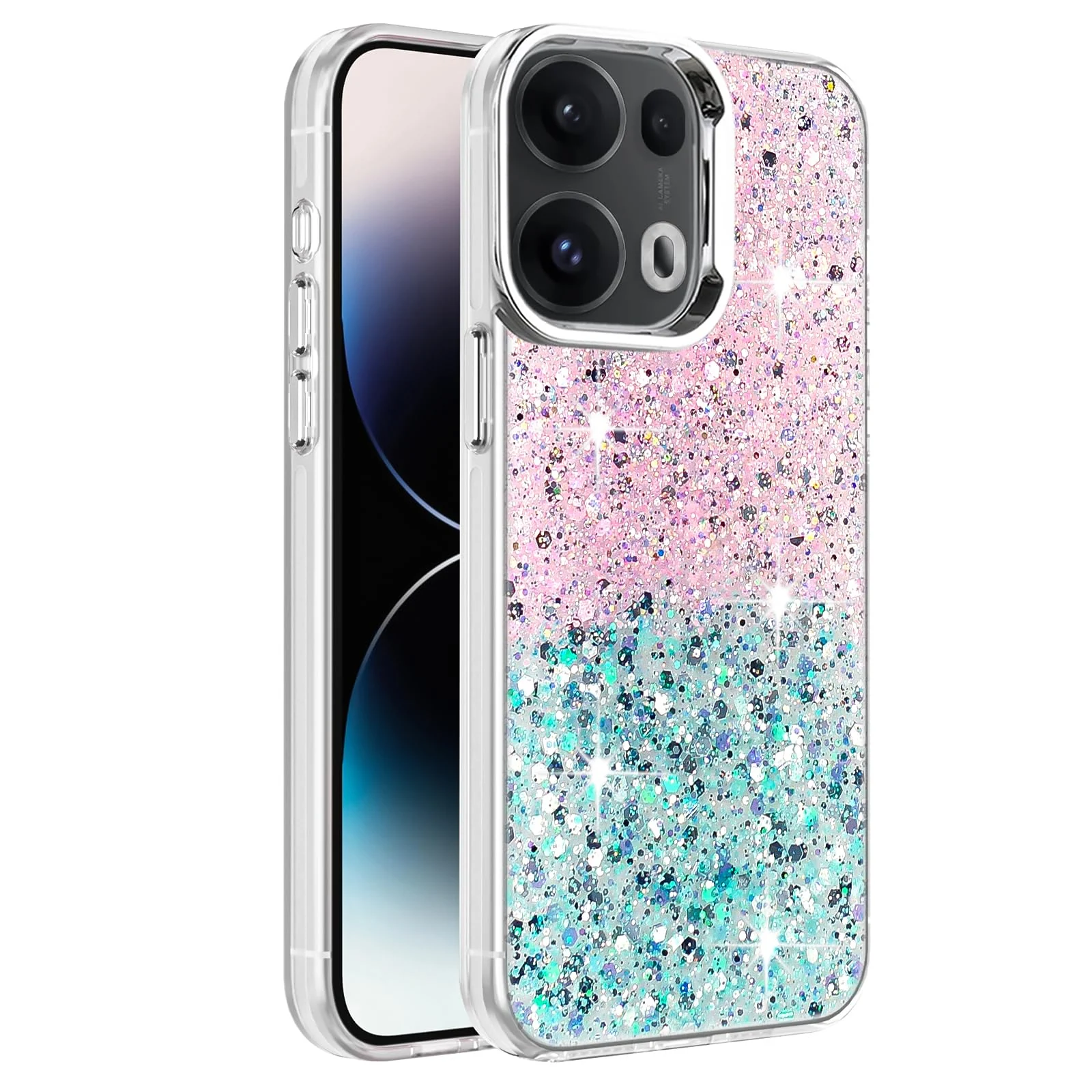 DL3 Mobilak Glitter Rhinestone Protective Case for OPPO Reno 13 Pro 5G with Shockproof Design - Pink Green