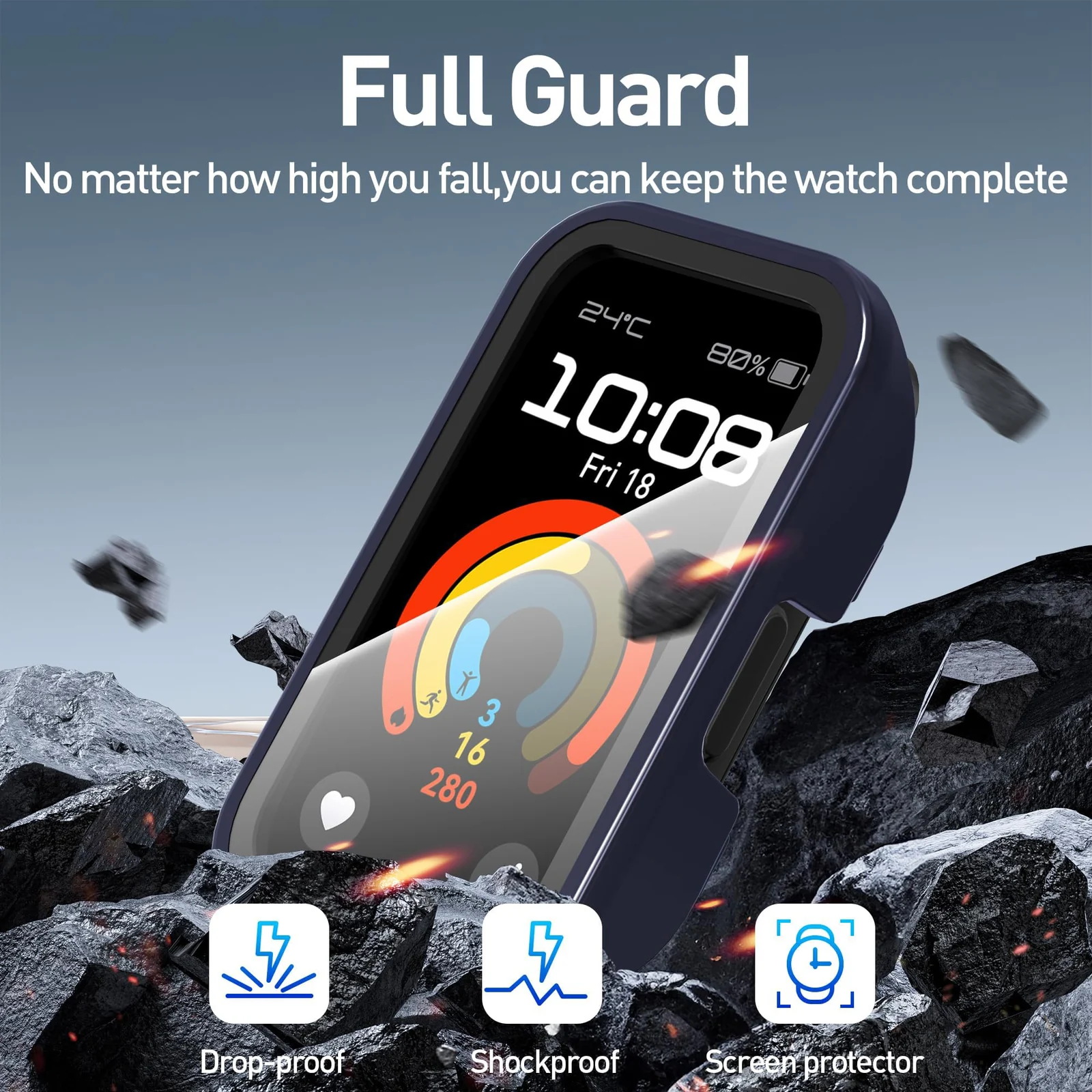 DL3 Mobilak Case with Screen Protector for Huawei Band 10, Bumper Full Coverage Hard PC Overall Protective Cover, Built-in Tempered Glass Film High Sensitivity For Huawei Band 10 - Blue