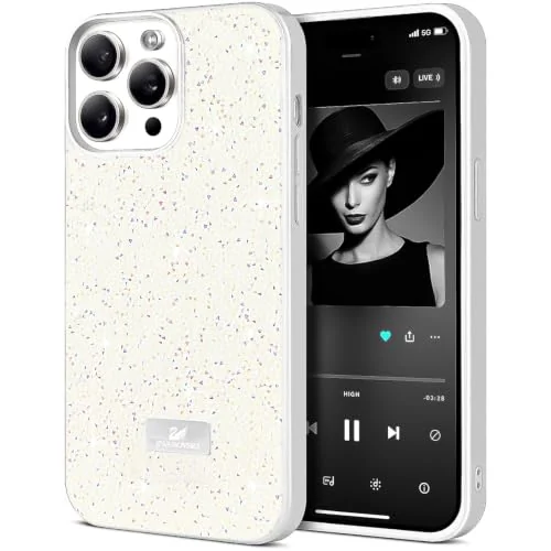 DL3 Mobilak Glitter Rhinestone Protective Case for iPhone 14 Pro Max 6.7-Inch with Shockproof Design - White 2