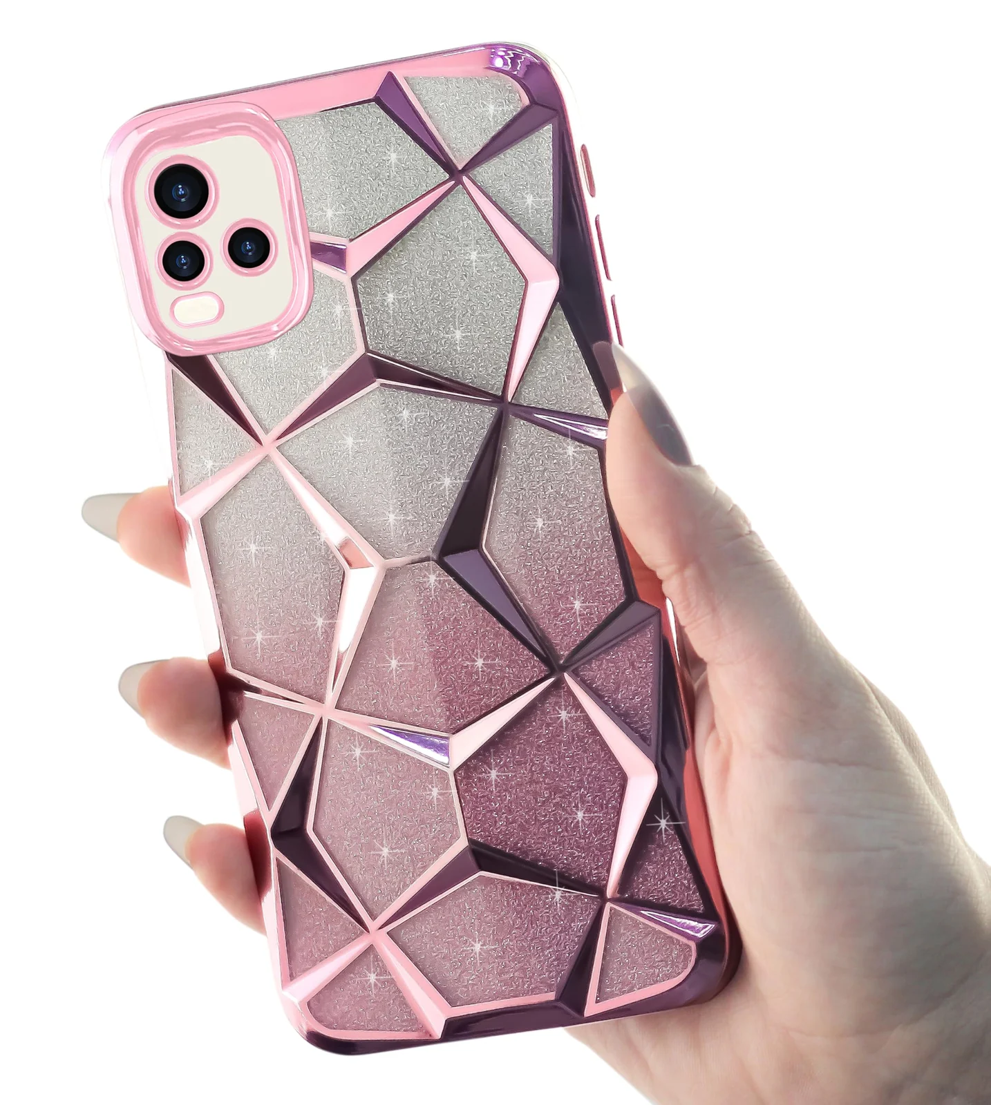 DL3 Mobilak Compatible with Vivo Y33S 4G/Vivo Y21s/Vivo Y21 Case Plating Bling Gradient Glitter Clear Cover Soft TPU Silicone Cute Camera Protection Shockproof Back for Women Girls Case - Pink