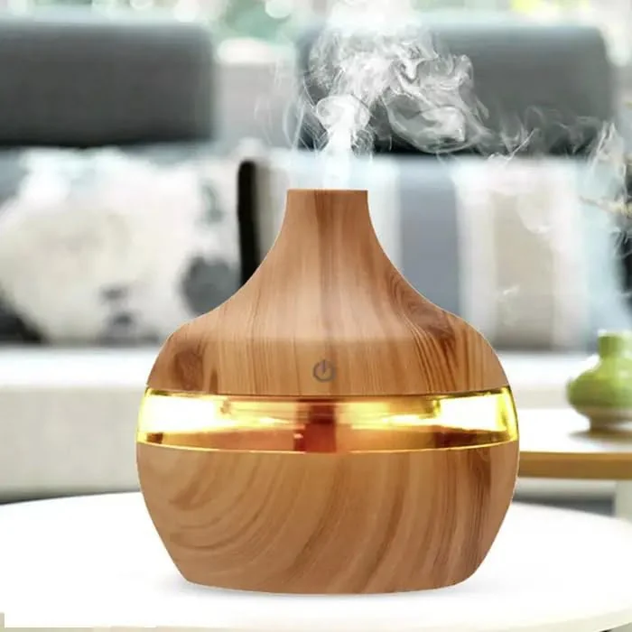 Mobigon Wood Cool Mist Ultrasonic Humidifier for Room Moisture, Aroma Diffuser for Home, 300ml Essential Oil Diffuser with 7 Colorful Night Light, Auto Shut-Off, Home, Office, car - D.Light Brown