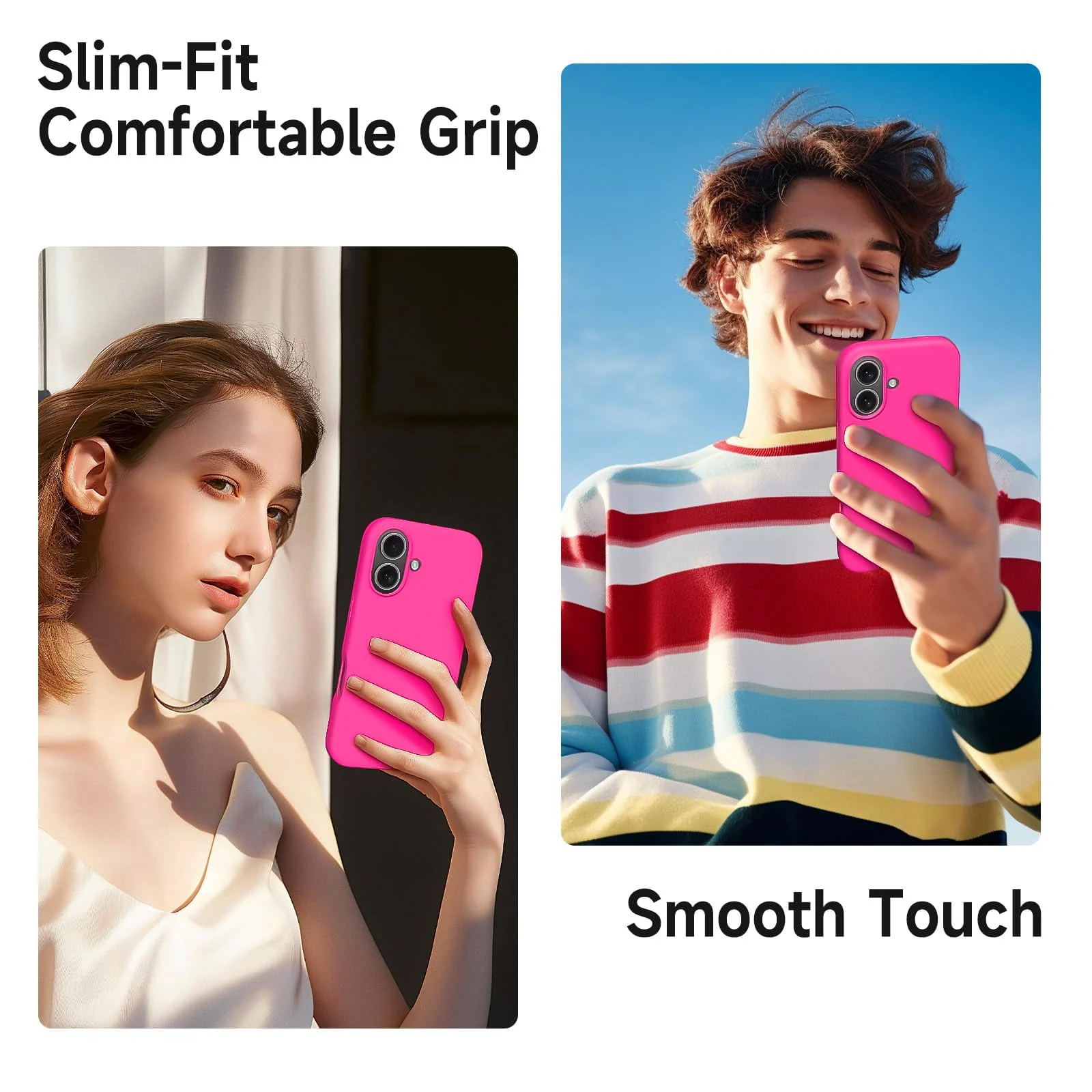 DL3 Mobilak Liquid Silicone Protective Case for iPhone 16+ Plus 6.7-Inch with Microfiber Lining and Shockproof Design - Neon Pink