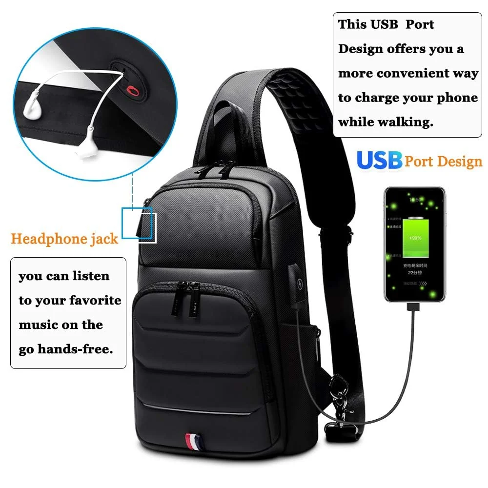 Mobigon Laptop Sling Backpack Anti Theft Bag, Hiking Daypack 12 Inch Fits iPad - Tablet 7 to 9.7 Inch Waterproof Nylon Crossbody Bags for Men, Single Shoulder Camping Dayback with USB Port - Black