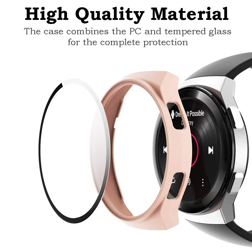 DL3 Mobilak Protective Case Compatible with Huawei Watch GT 2e 9H Hardness PC Case Bumper Full Slim Protective Cover with Tempered Glass For Huawei GT2e - Pink