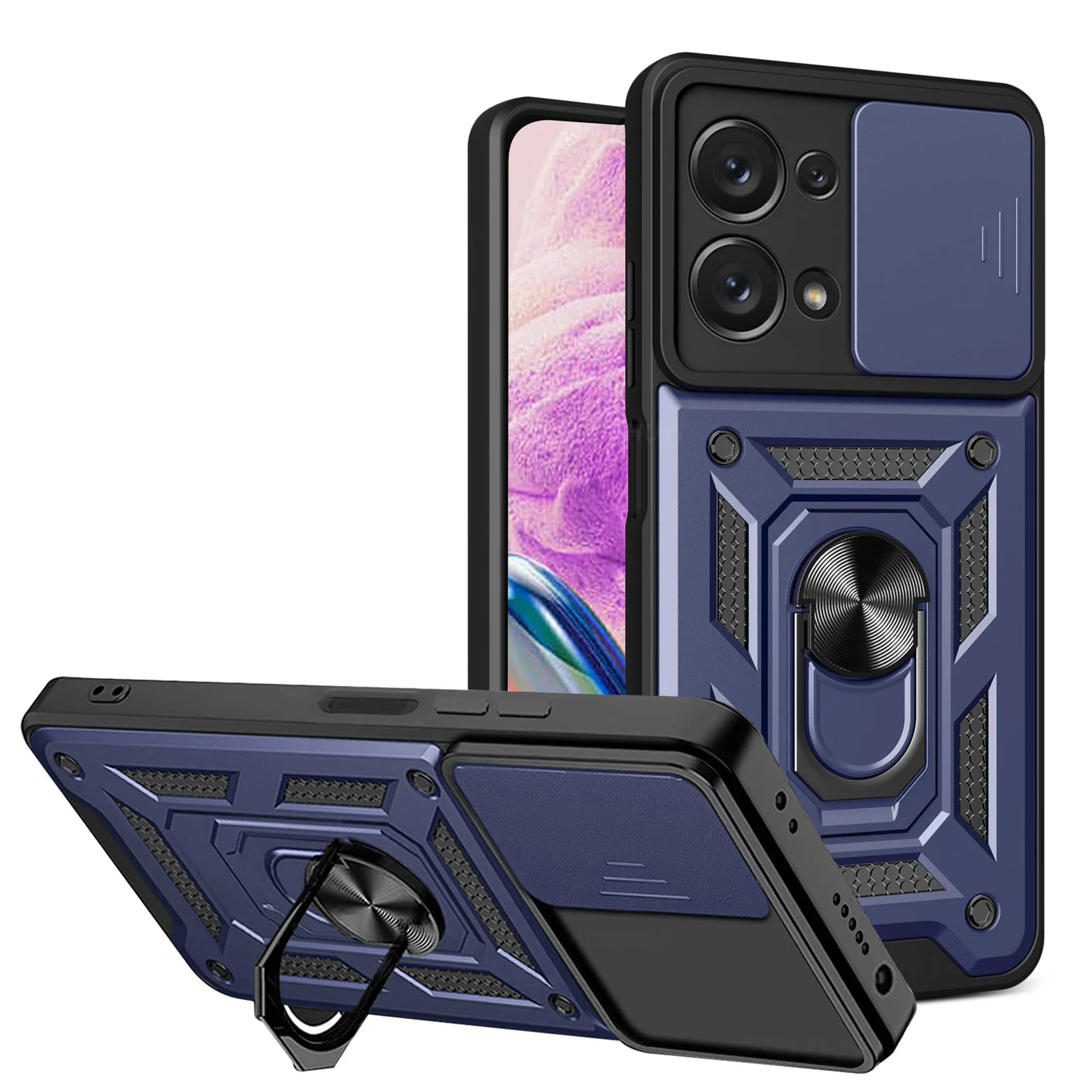 DL3 Mobilak Military-Grade Protective Case with Sliding Camera Cover, Metal Ring Kickstand and Magnetic Car-Mount Support for OPPO Reno 8 Pro 5G / Reno 8 Pro+ Plus - Blue