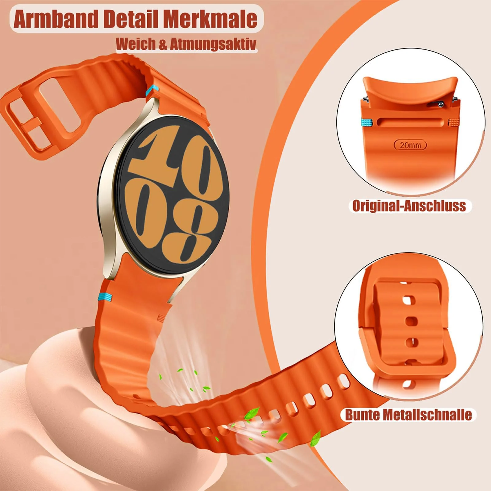 DL3 Mobilak No Gap Sport Bands For Samsung Galaxy Watch 7 6 5 4 FE Strap 40mm 44mm, Soft Silicone Sport Band for Galaxy Watch 6 Classic Straps 47mm 43mm/Galaxy Watch 5 Pro/Watch 4 Classic 42mm 46mm for Men Women - Orange