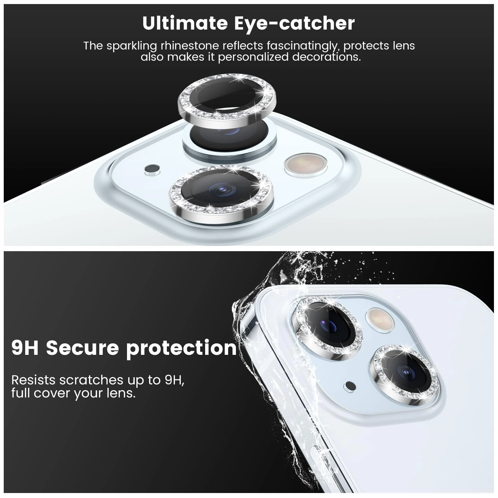 DL3 Mobilak Compatible with iPhone 15/15 Plus & iPhone 14/14 Plus Camera Lens Protector, Anti-Scratch HD Tempered Glass Lens Screen Protection Cover, Metal Individual Lens Ring - Diamond Silver