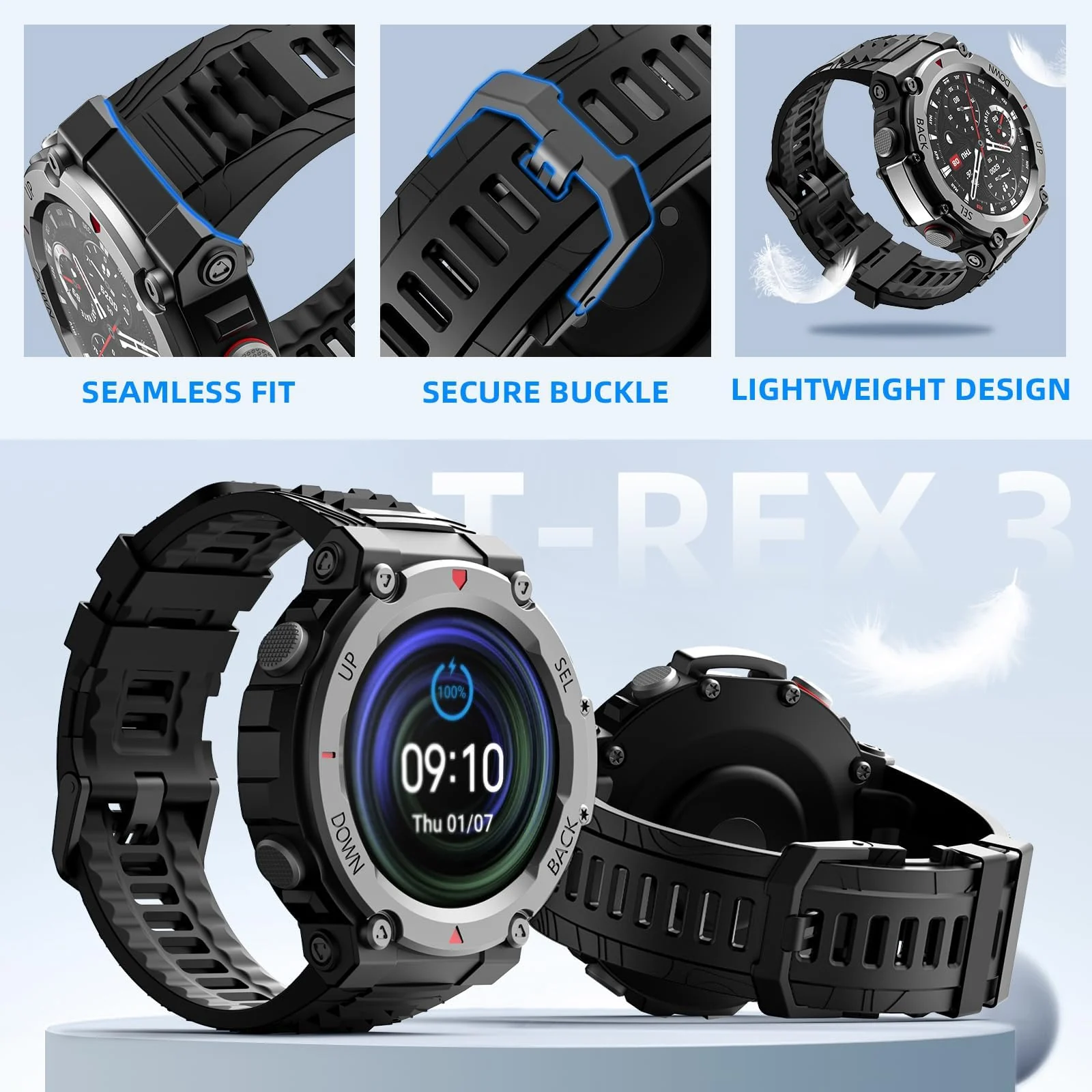 DL3 Mobilak Strap Compatible with Amazfit T-Rex 3, Men Women Sport Waterproof Soft Breathable Silicone Watch Bands Compatible with Amazfit T-Rex 3 with 1 Install Tool - Black