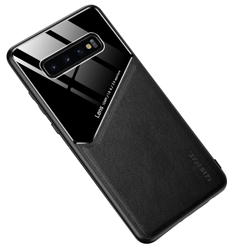 DL3 Mobilak Faux Leather and Plexiglass Protective Case with TPU Frame and Magnetic Car-Mount Support for Samsung Galaxy S10 Plus S10+ - Black