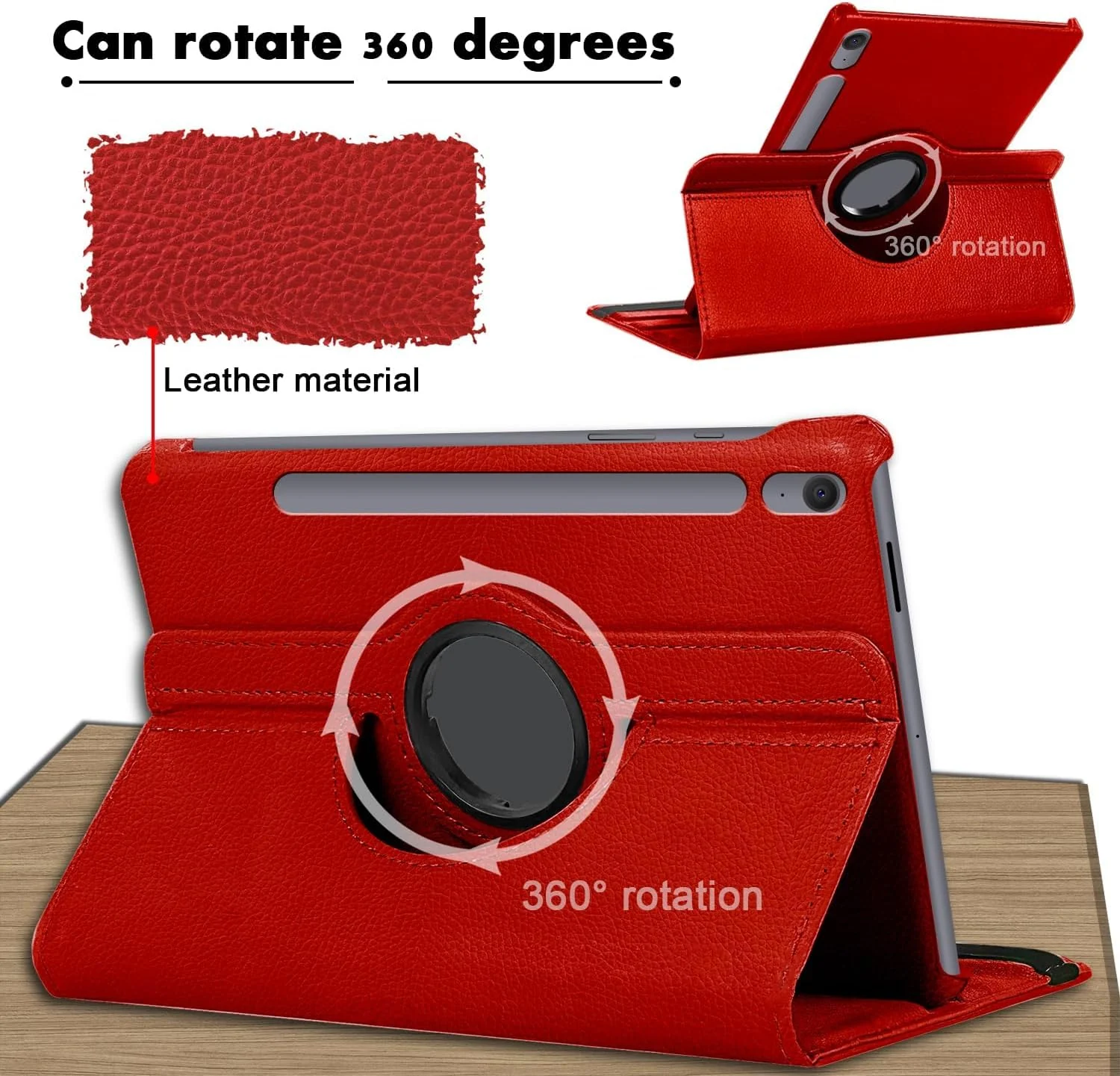 DL3 Mobilak Protective Cover for Samsung Galaxy Tab S10 Lite / S10 FE 2025 / S9 FE / S9, 360° Rotatable Smart Stand, Leather Folio Flip Cover with Multi-Angle Viewing, Auto Wake Sleep - Red