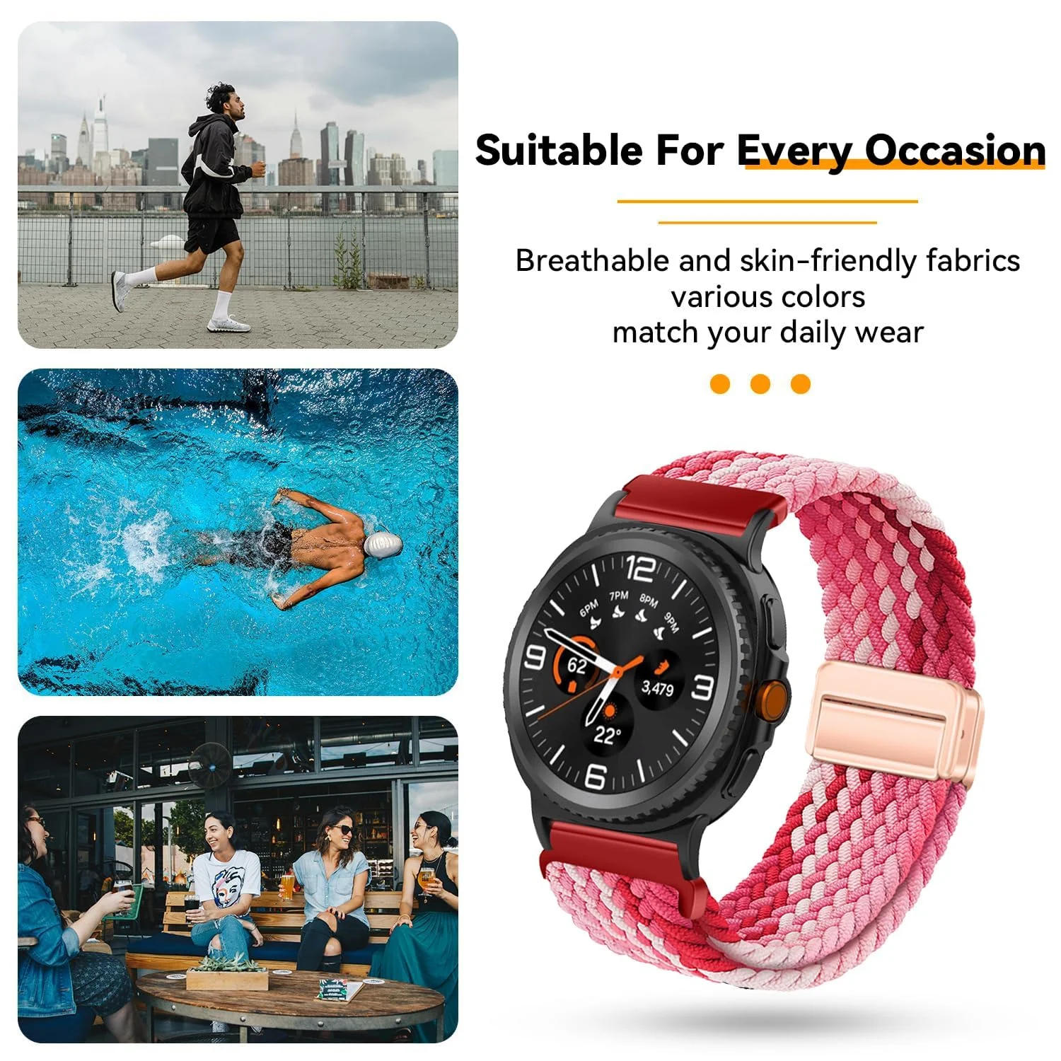 DL3 Mobilak 22mm Magnetic Band for Redmi Watch 5 Active/5 Lite/Samsung Galaxy Watch 3 45mm/Watch 46mm/Gear S3/Huawei watch GT6 GT5 46MM/GT2E/GT6 Pro/GT 5 Pro/Amazfit GTR 4/3, Stretchy Braided Nylon Sport Strap - Strawberry Red