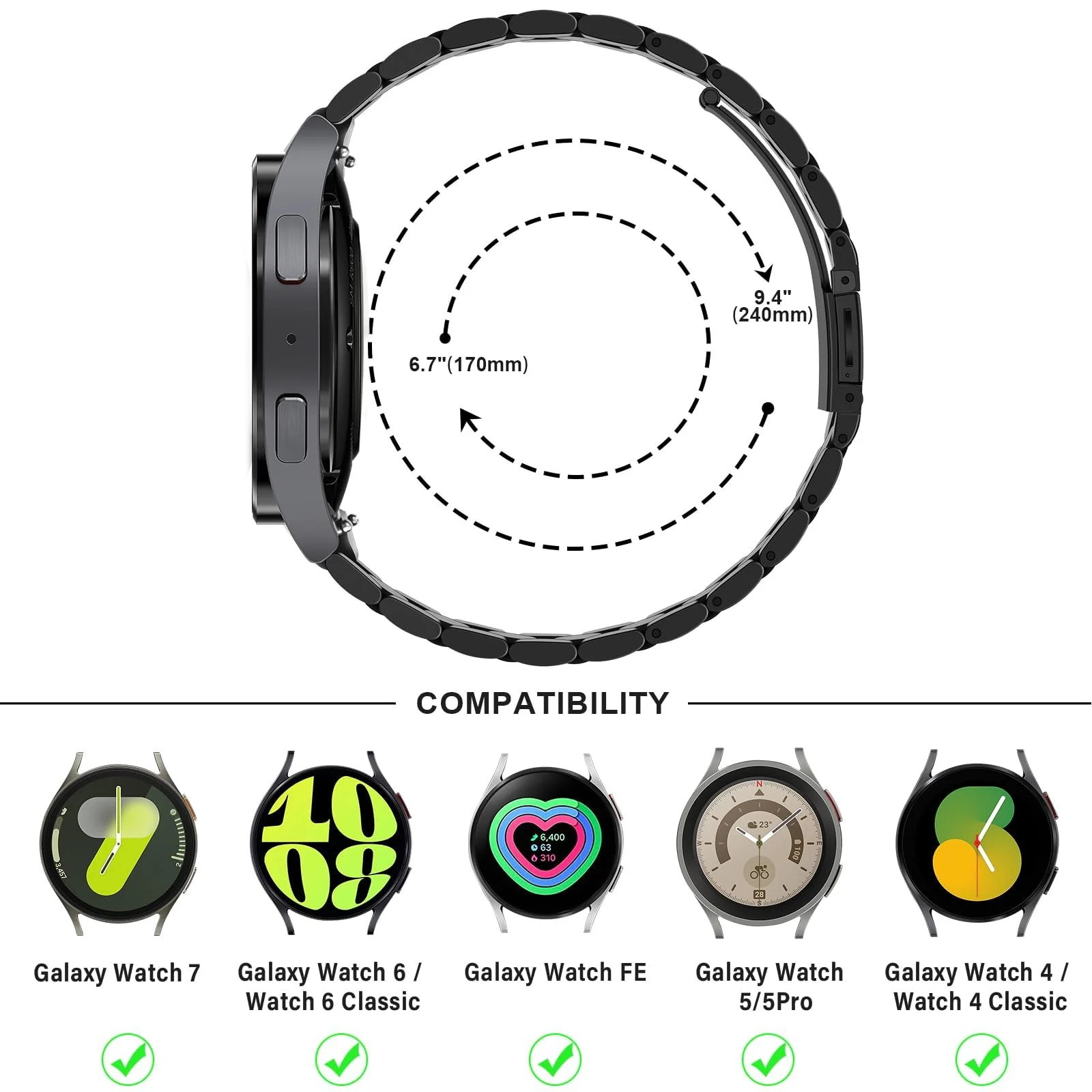 DL3 Mobilak No Gap Straps Compatible with Samsung Galaxy Watch 7/6/5/4 44mm 40mm, 20mm Metal Band for Galaxy Watch FE/6 Classic 47mm 43mm/5/5 Pro 45mm/4/4 Classic 46mm 42mm - Black