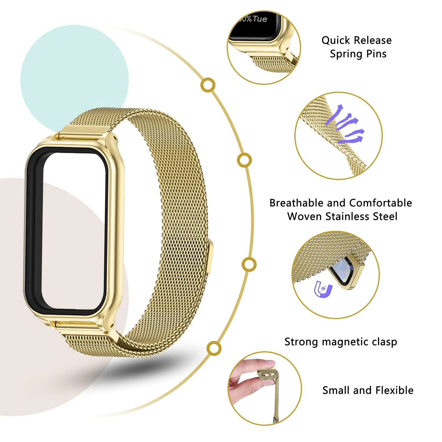 DL3 Mobilak Bracelet Compatible with Xiaomi Redmi Band 2/Smart Band 8 Active, Stainless Metal Magnetic Replacement Strap - Gold