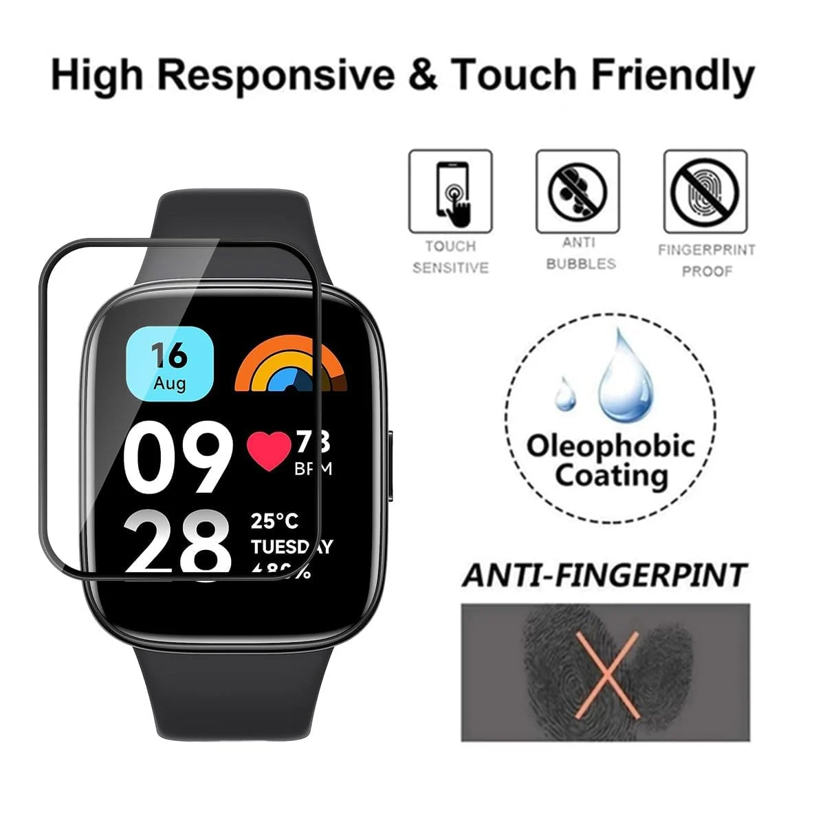 DL3 Mobilak Screen Protector For Xiaomi Redmi Watch 3, 3D Curved Soft Edge Protective Film [Anti-Scratch] [Bubble Free] [Ultra Shatterproof] [High Sensitive] (Not Glass) - Black