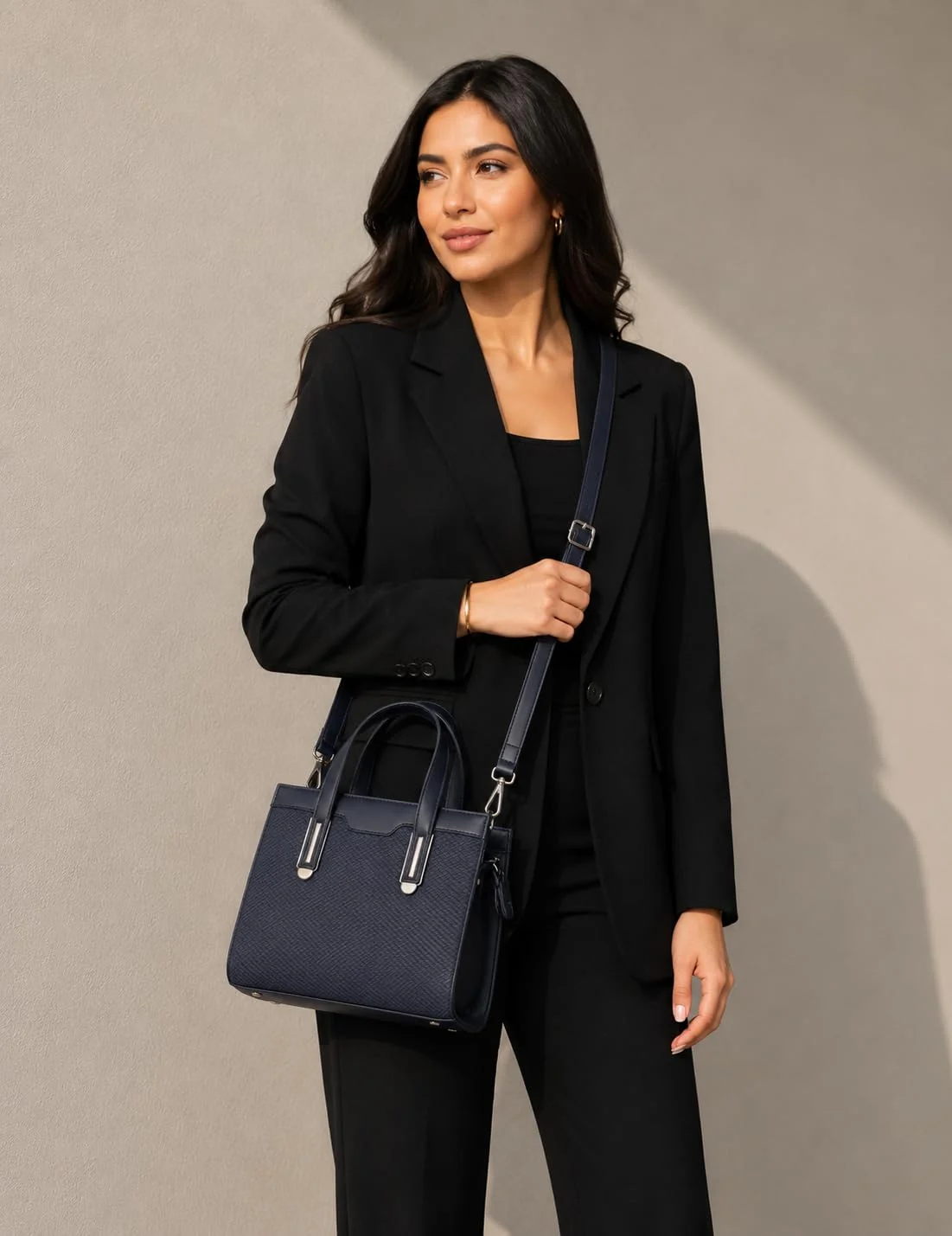 Mobigon Elegant Women’s Handbag with Shoulder Strap, Textured Leather Baguette Purse with Gold Clasp, Magnetic Snap & Zipper Compartments, Structured Top Handle Bag for Work & Daily Use - Blue 2