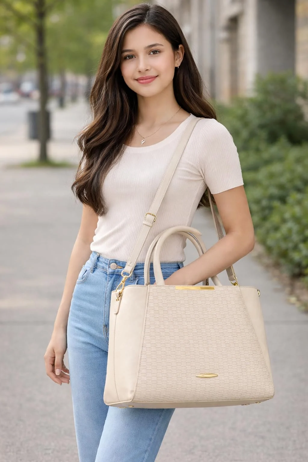 Mobigon Women’s Handbag Elegant Textured Satchel with Adjustable Shoulder Strap Structured Spacious Tote with Top Zipper Closure for Work, Office, Shopping & Daily Use - Beige