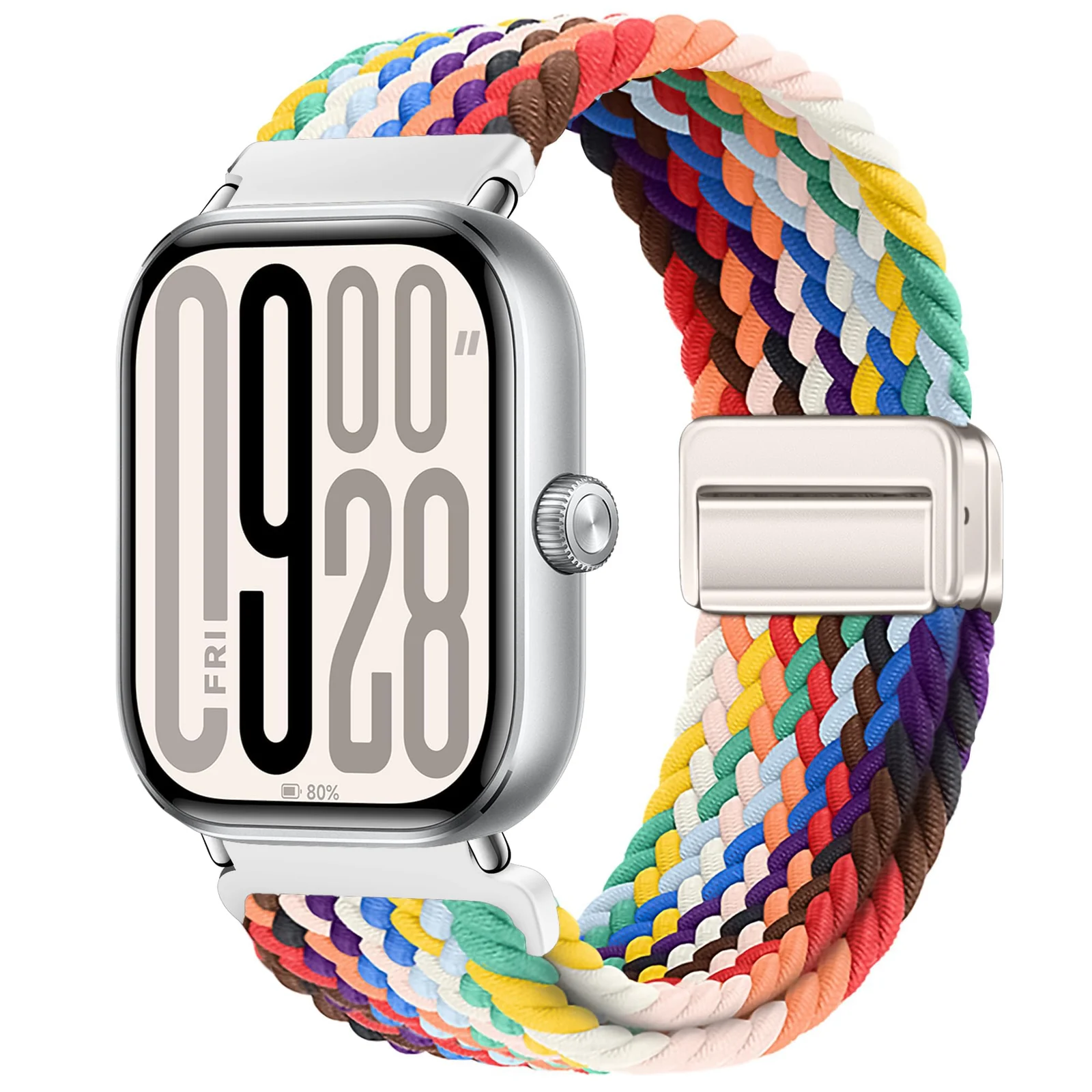 DL3 Mobilak Braided Bracelet Compatible with Redmi Watch 4/5 / 6 / Xiaomi Smart Band 8 Pro/Band 9 Pro, Nylon Magnetic Fabric Elastic Sport Nylon Replacement Strap for Men Women - Official Rainbow