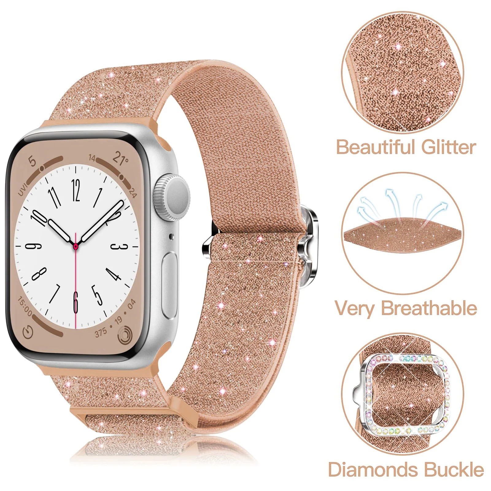DL3 Mobilak Stretchy Bling Band For Apple Watch 49mm 46mm 45mm 44mm 42mm Women, Nylon Sparkly Strap Solo Loop Glitter Wristband for iWatch Series 11 10 9 8 7 6 5 4 SE3 SE2 SE Ultra 3 2 1 - Rose Gold