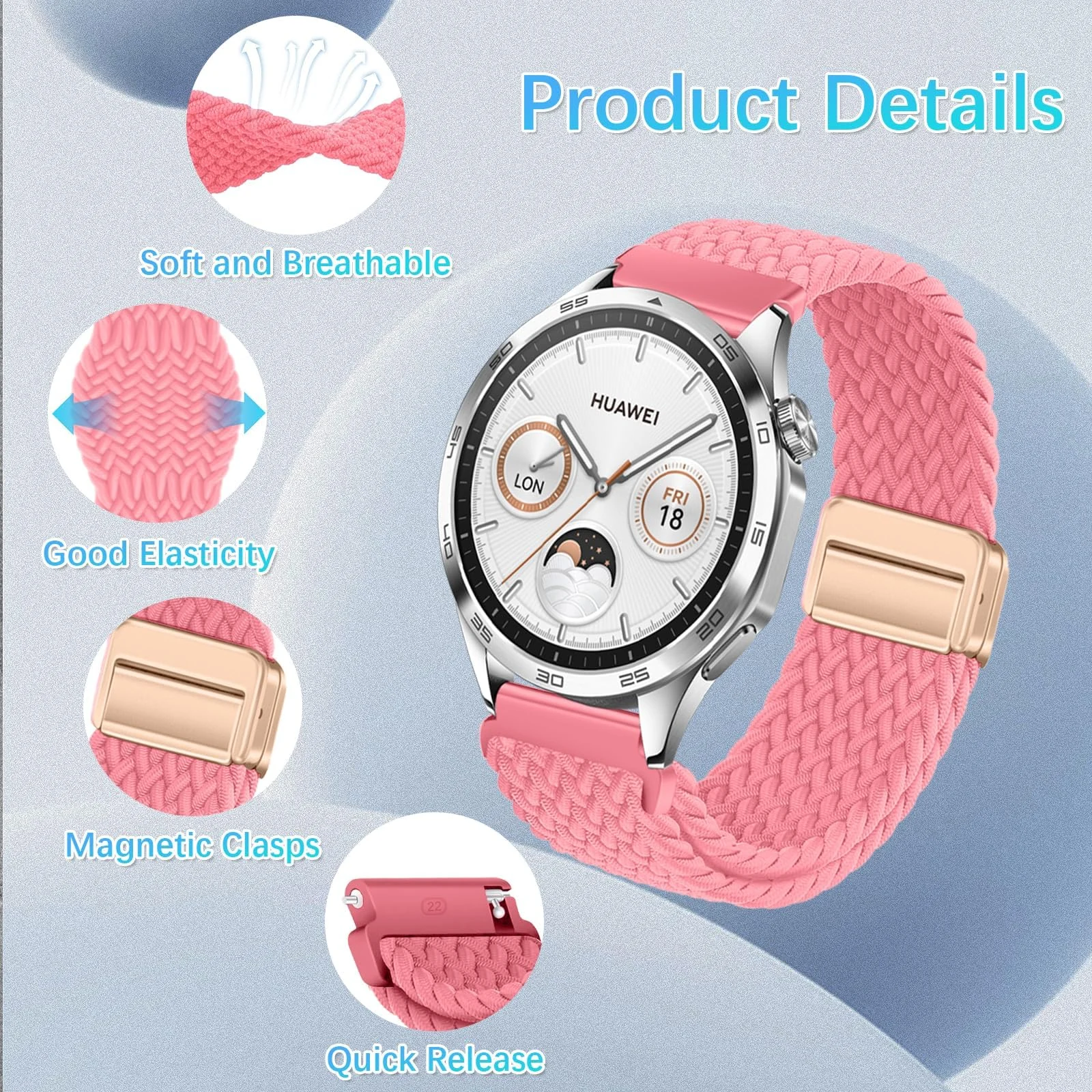 DL3 Mobilak 22mm Magnetic Band for Redmi Watch 5 Active/5 Lite/Samsung Galaxy Watch 3 45mm/Watch 46mm/Gear S3/Huawei watch GT6 GT5 46MM/GT2E/GT6 Pro/GT 5 Pro/Amazfit GTR 4/3, Stretchy Braided Nylon Sport Strap - A-pink