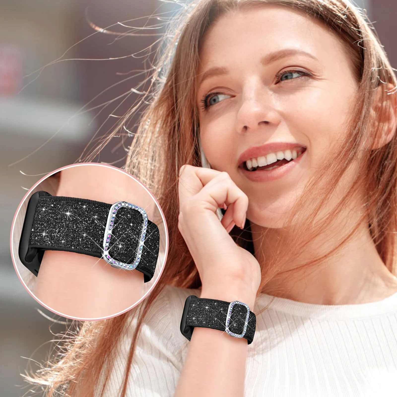 DL3 Mobilak Stretchy Bling Band For Apple Watch 49mm 46mm 45mm 44mm 42mm Women, Nylon Sparkly Strap Solo Loop Glitter Wristband for iWatch Series 11 10 9 8 7 6 5 4 SE3 SE2 SE Ultra 3 2 1 - Black