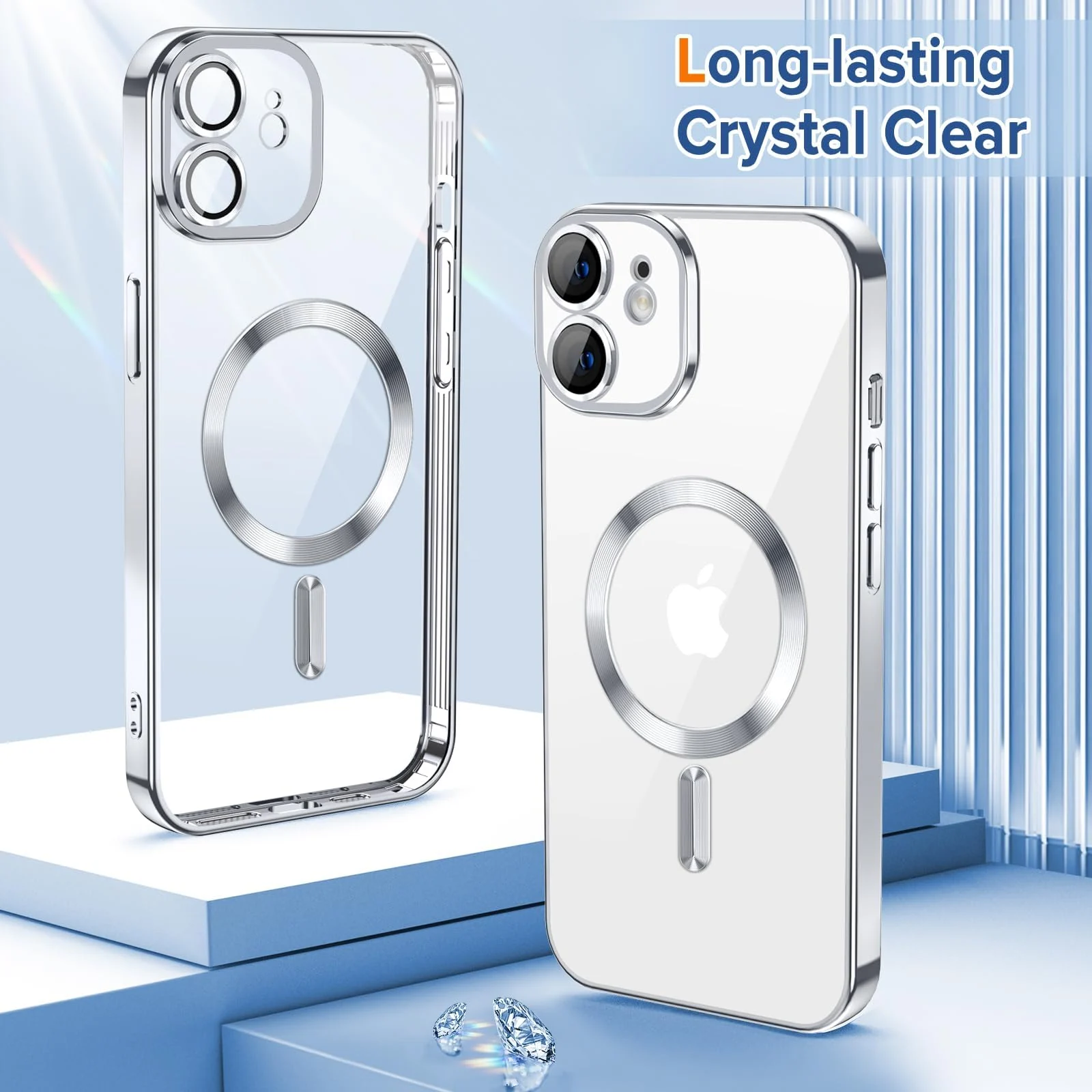 DL3 Mobilak Plated-Edge Protective Case for iPhone 12, Compatible with MagSafe accessories, Built-in magnetic car-mount support, Camera protection - Silver