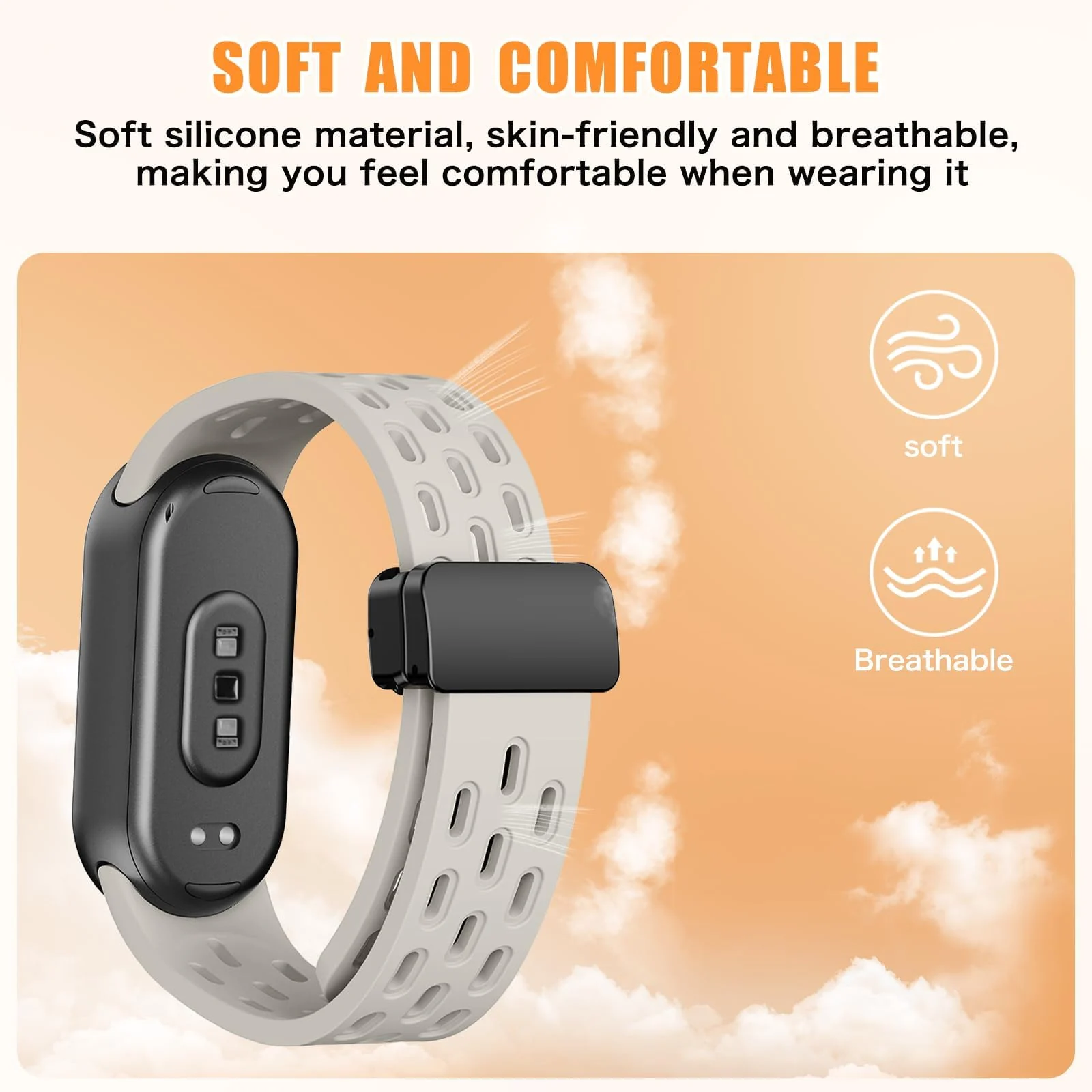 DL3 Mobilak Strap For Xiaomi Mi Band 10/9/8 Magnetic Metal Buckle Sport Silicone Breathable Strap for Men Women Band Quick Release Soft Replacment Wristband For Xiaomi Smart Band 8/9/10 - Starlight