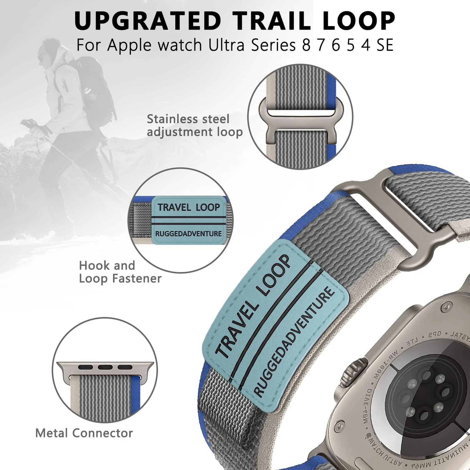 DL3 Mobilak Trail Loop Strap for Apple Watch Ultra Band 49mm 45mm 44mm 42mm iWatch Ultra Band Men Women, Rugged Sport Strap Soft Nylon Wristband for iWatch Ultra 2 Bands Series 9 8 7 6 5 4 3 2 1 SE - Blue Grey
