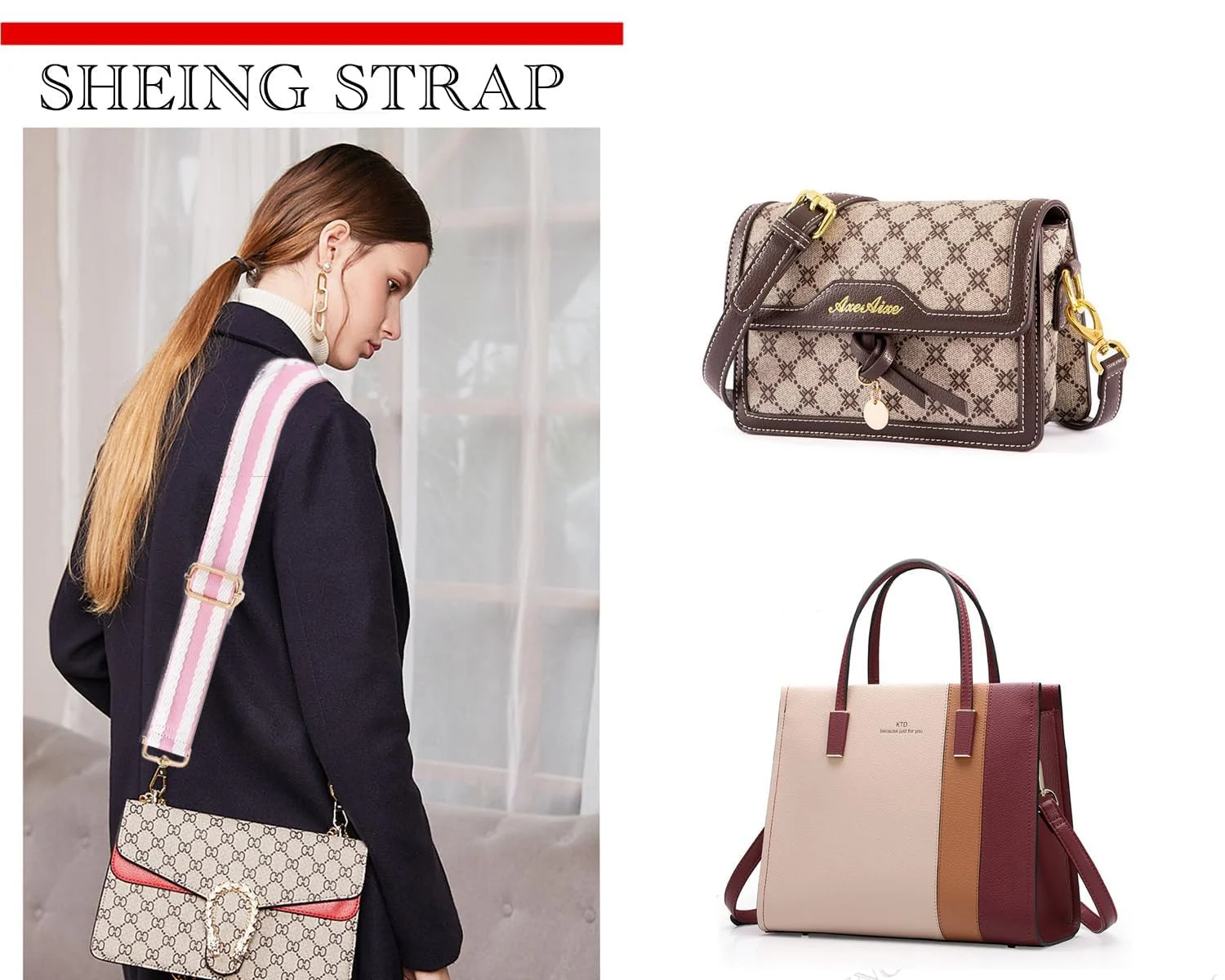 DL3 Mobilak Adjustable Wide Crossbody Bag Strap for Women, Replacement Shoulder Strap for Handbags, Totes & Purses with Elegant Embroidered Pattern and Metal Hooks - Pink White
