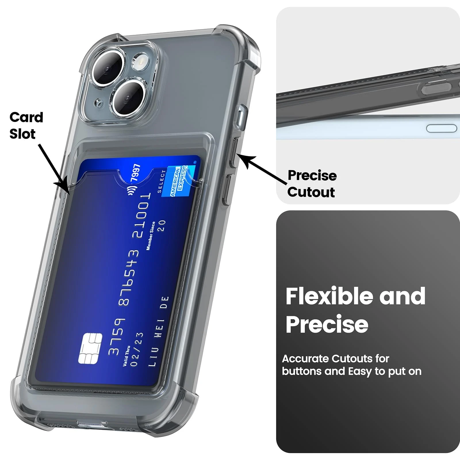 DL3 Mobilak Clear TPU Wallet Case with Card Slot and Camera Protection for iPhone 15 Plus 6.7-Inch - Black