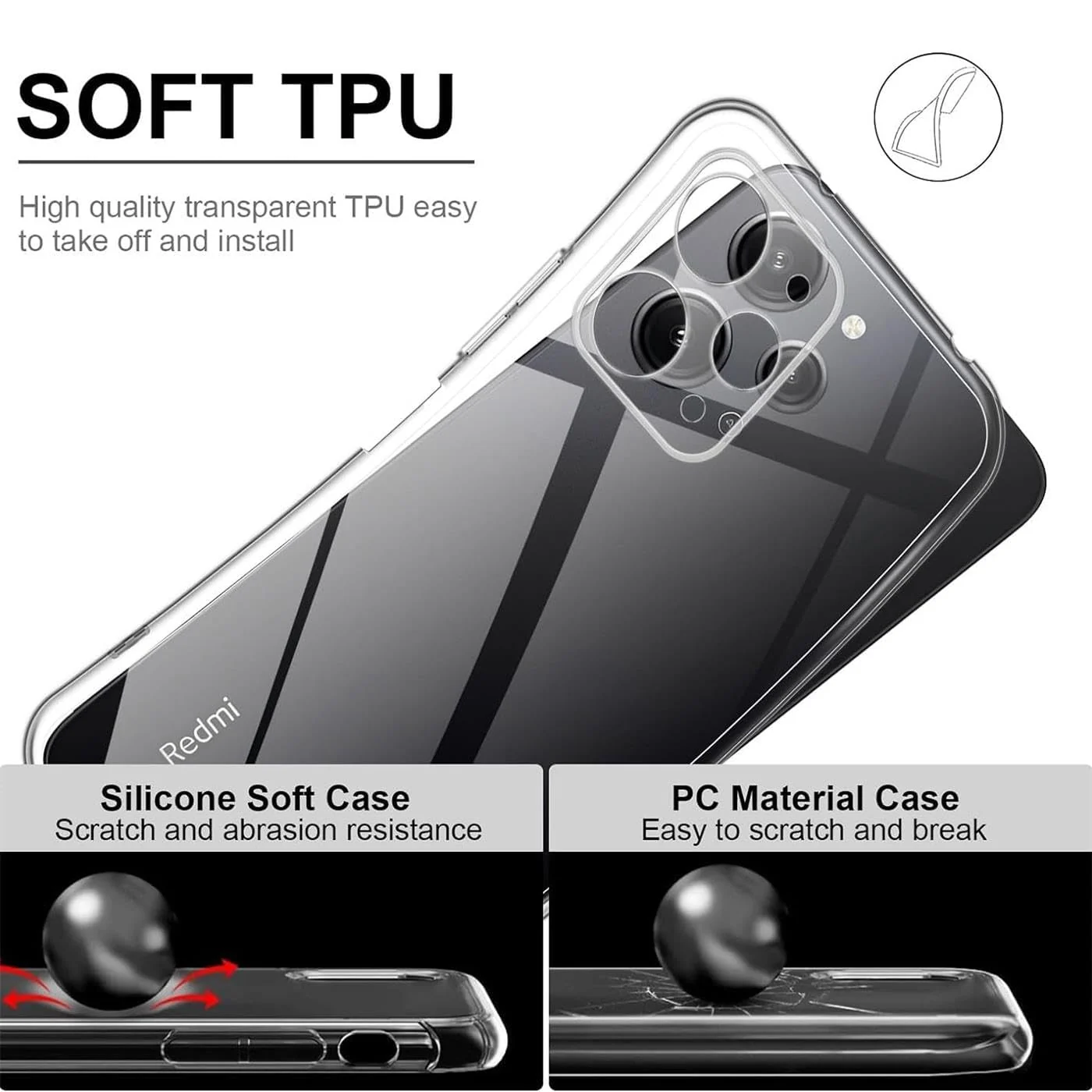 DL3 Mobilak Case Compatible with Redmi 12 4G Case Cover (not for Note 12 4G) Case Crystal Soft TPU Gel Case Flexible Silicone Anti-Scratch Camera Protection TPU Cover - Clear