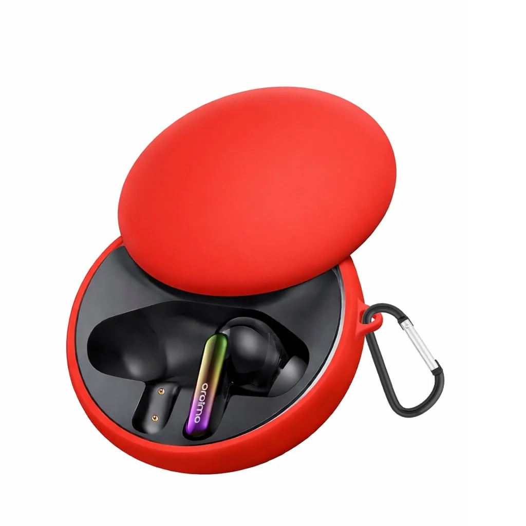 DL3 Mobilak Compatible with Oraimo SpaceBuds Hybrid (OTW-630) Case Cover, Soft Silicone Shockproof Protective Case Wireless Earbuds with Carabiner, Front LED Visible - Red