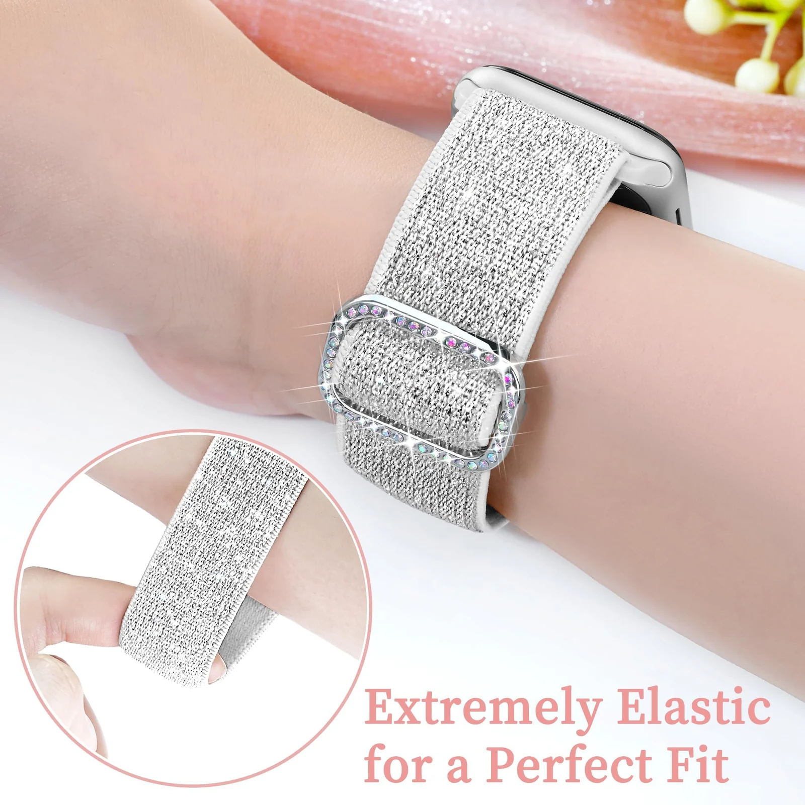 DL3 Mobilak Stretchy Bling Band For Apple Watch 49mm 46mm 45mm 44mm 42mm Women, Nylon Sparkly Strap Solo Loop Glitter Wristband for iWatch Series 10 9 8 7 6 5 4 3 2 1 SE Ultra - Silver