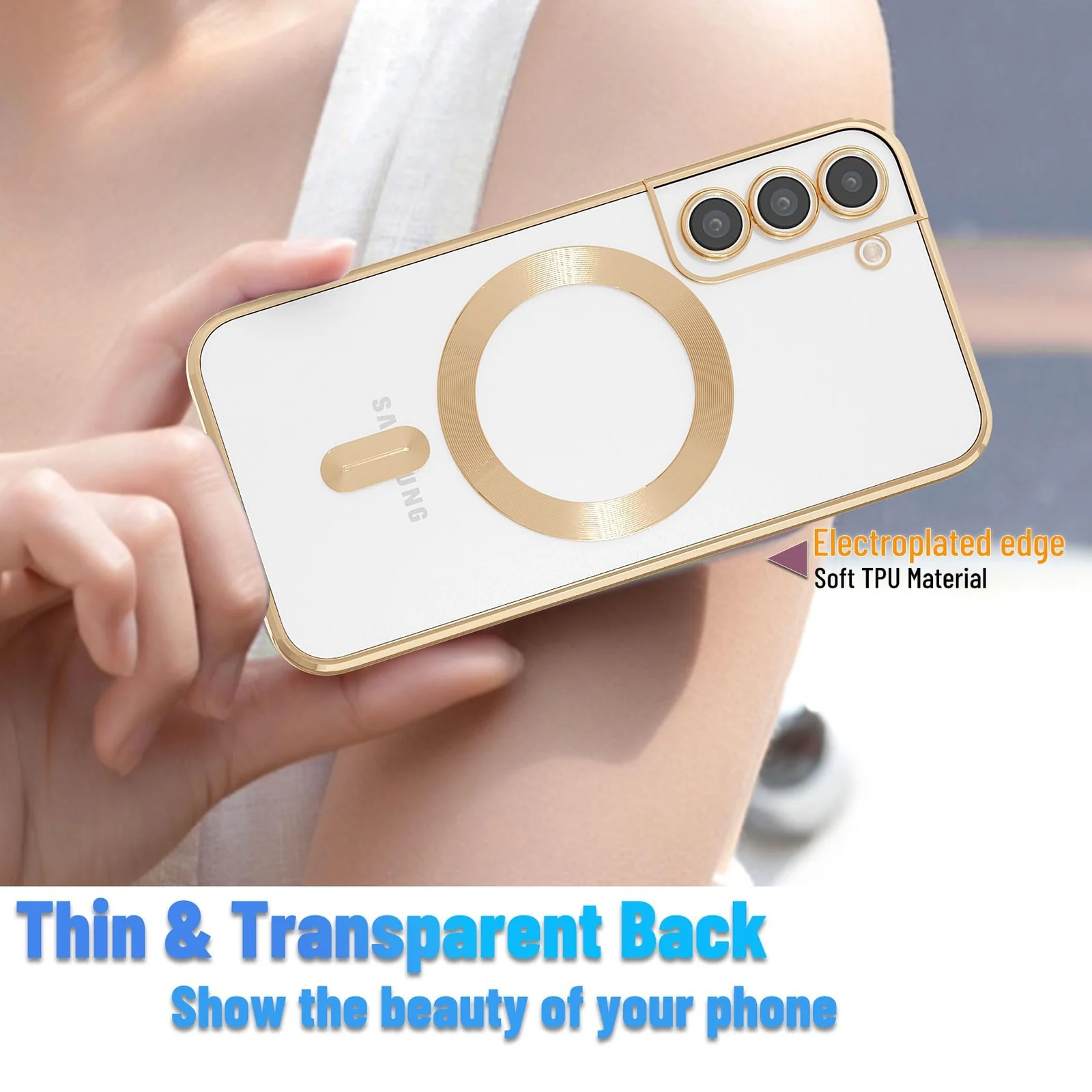 DL3 Mobilak Clear MagSafe-Compatible Magnetic Case for Samsung Galaxy S21 FE 5G with Camera Protection and Shockproof Design - Gold