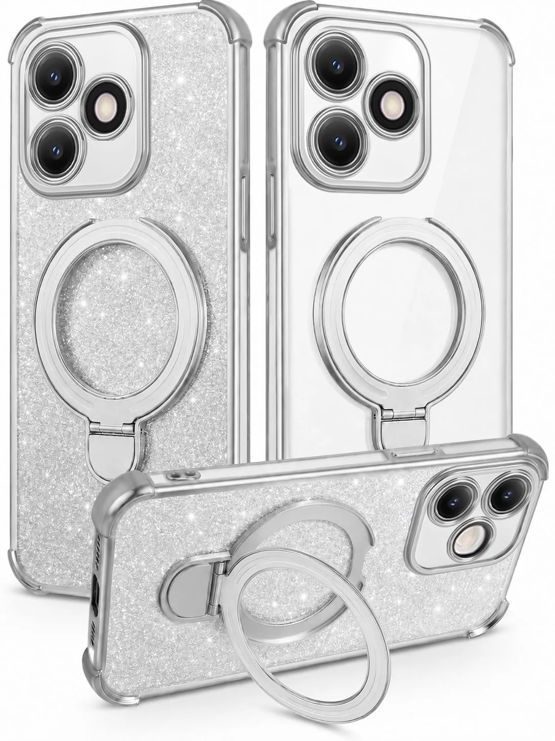 MOBIGON Glitter Phone Case with Magnetic Ring Stand for realme C53 / C51 / Note 50, Silver