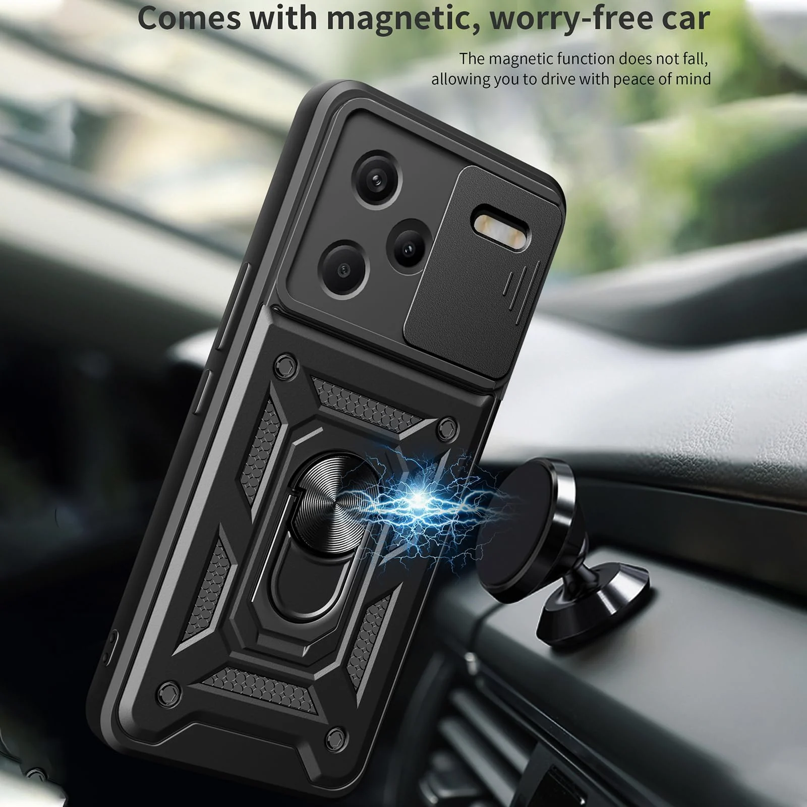 DL3 Mobilak Magnetic Car-Mount Case for Xiaomi Redmi Note 13 Pro+ Plus 5G with Camera Protection and Built-In Kickstand - Black